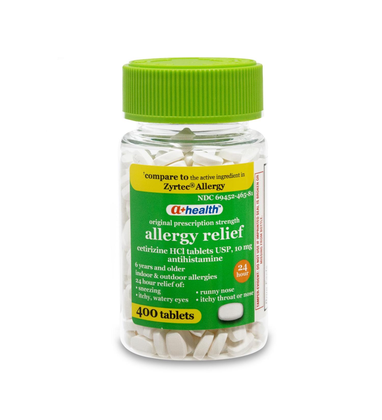 A+Health Cetirizine HCl 10mg Tablets 24 Hour Allergy Antihistamine Indoor & Outdoor Allergies Relief from Sneezing Itchy Throat Watery Eyes 400 Count - Buy Online on GoSupps.com