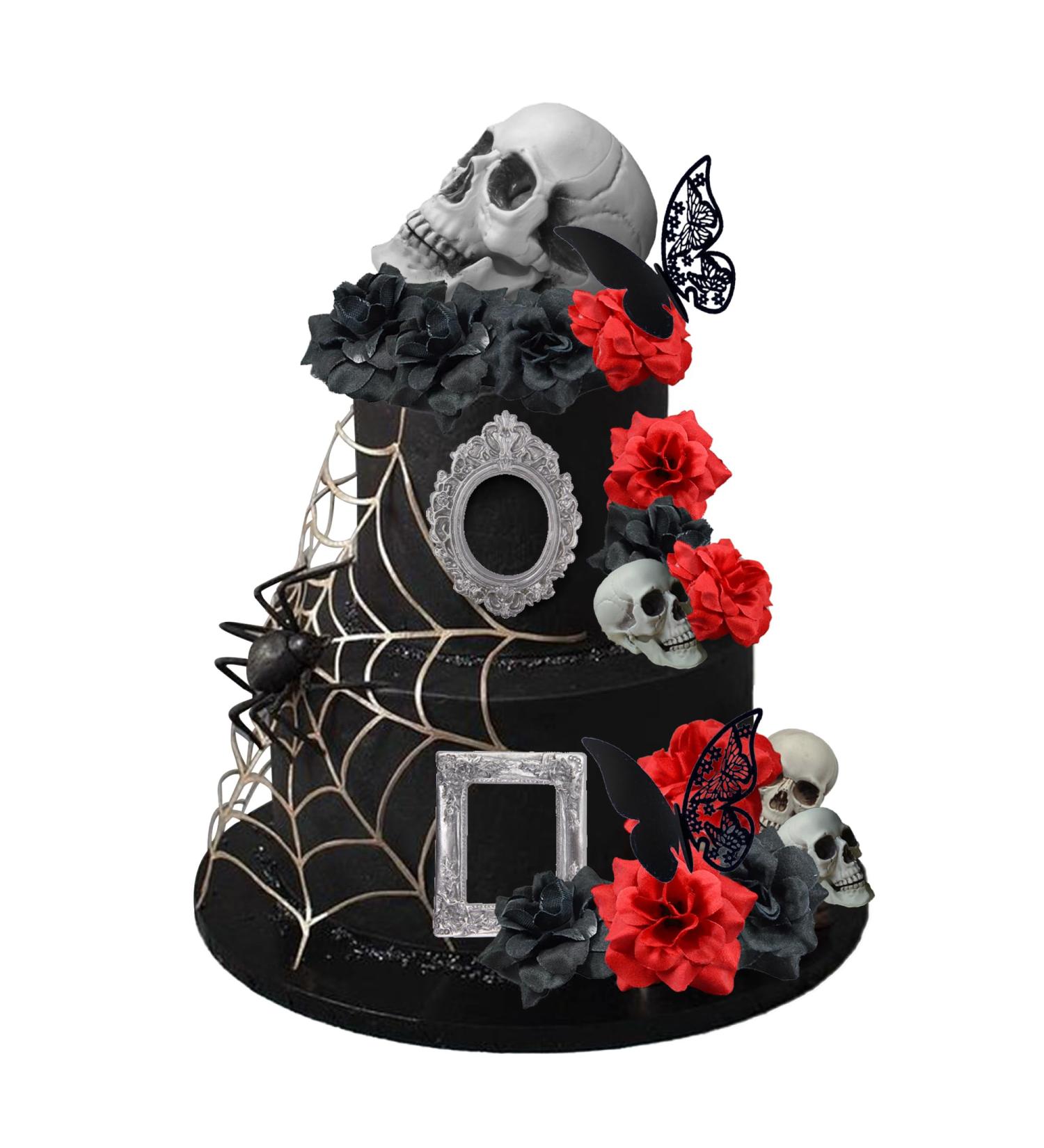 19 PCS Halloween Cake Topper Gothic Rose Skull Cake Topper with Black Butterfly for Halloween Bloody Horror Movie Birthday Party Cake Decorations (type 1) - Buy Online on GoSupps.com