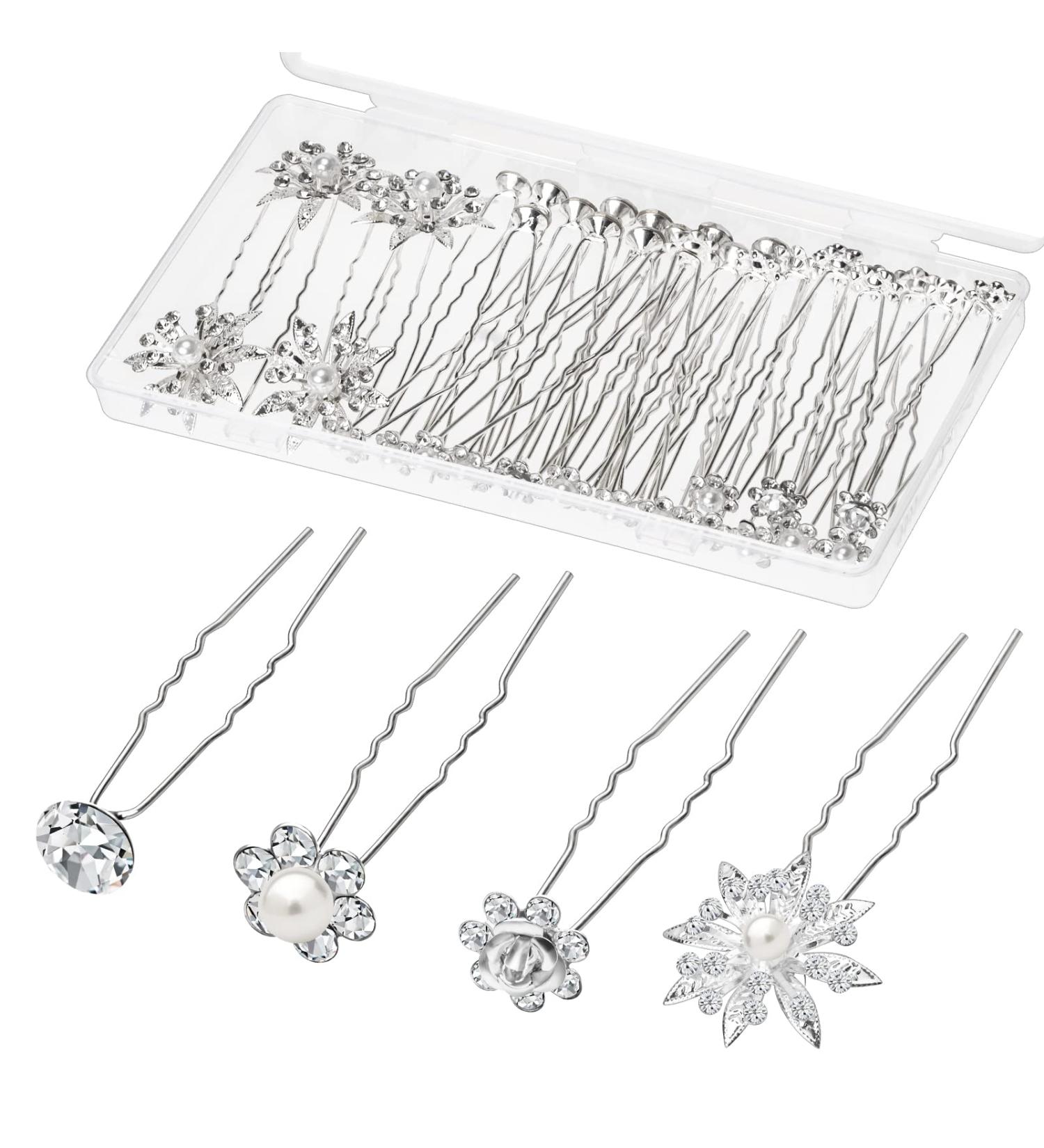40 Pcs Silver Rhinestone Pearl Wedding Flower Hair Pins for Bridal and Bridesmaids - Gingbiss U Shape Hair Accessories for Women and Girls - Buy Online on GoSupps.com