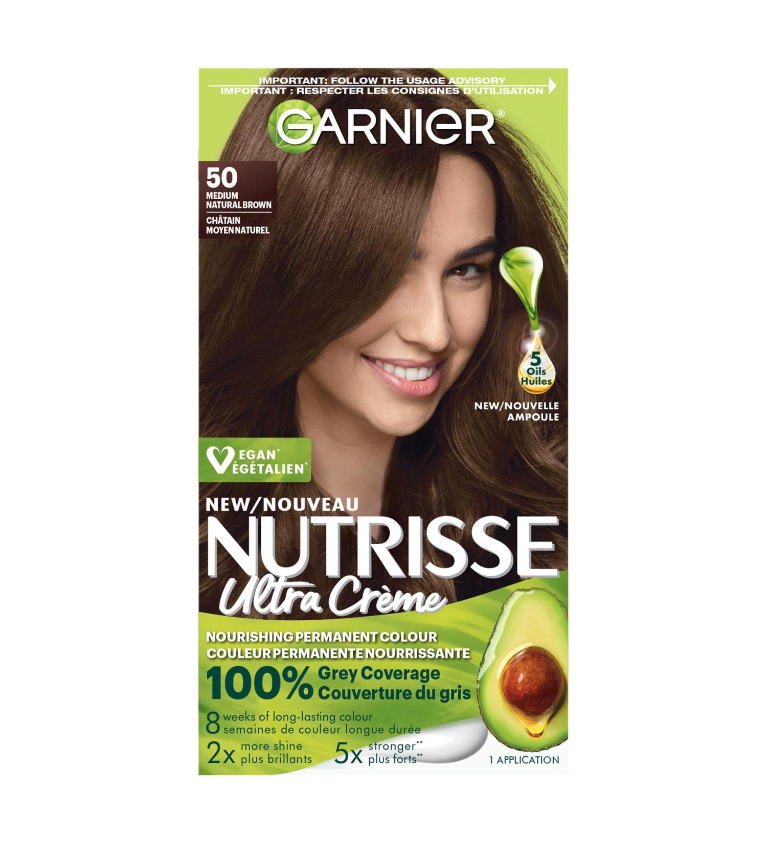 Garnier Nutrisse Ultra Cr me Permanent Hair Dye 100% Grey Coverage Vegan Formula Nourished Hair Long-Lasting Rich Colour 50 Medium Natural Brown 1 Application Packaging May Vary BROWN SHADES 50 Medium Natural Brown - Buy Online on GoSupps.com