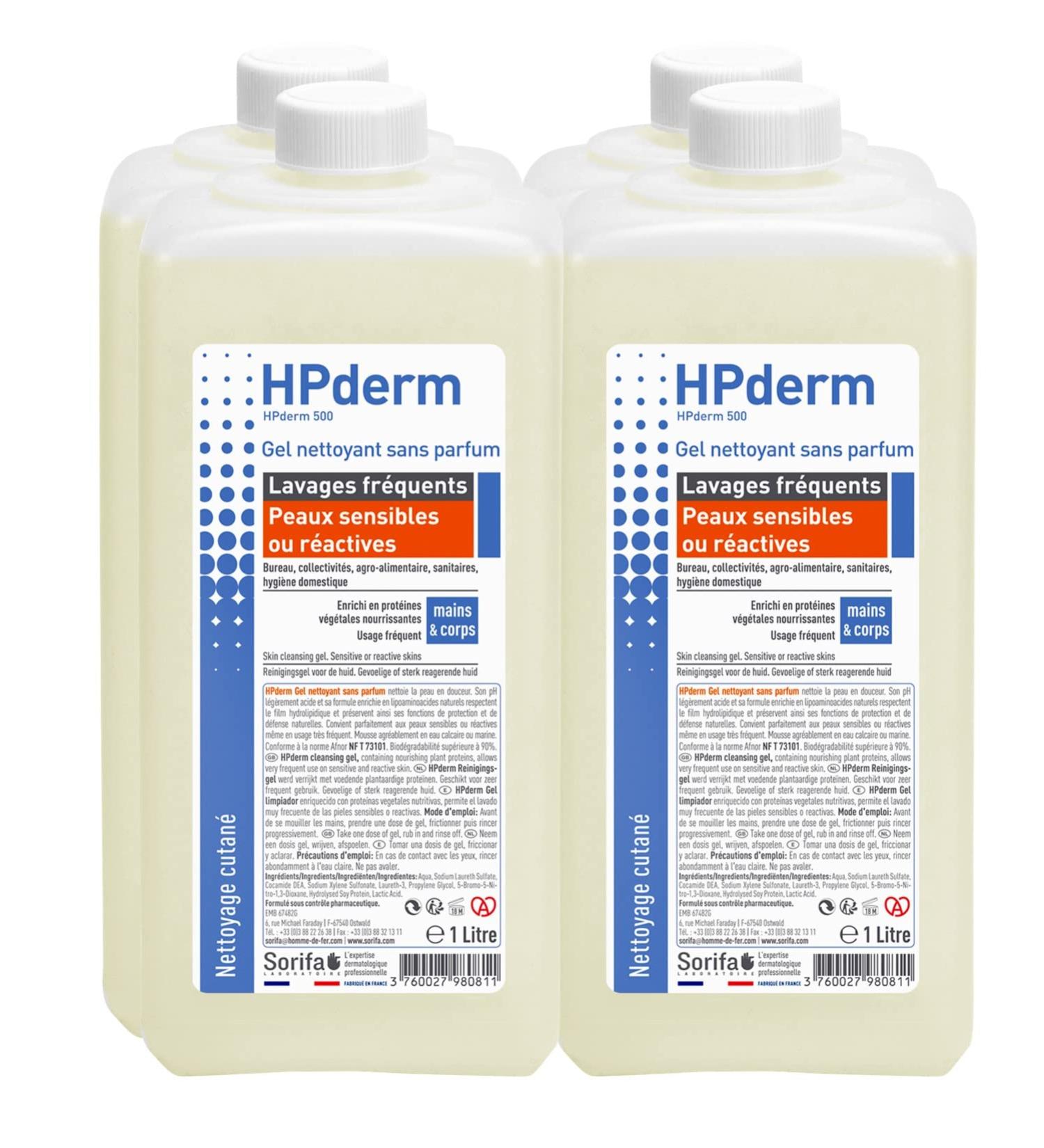  SORIFA Pack of 4 - HPderm Fragrance Free Cleansing Gel - Frequent washes - Sensitive or reactive skin - Hands and body - With protective soy protein - pH neutral soap-free - 1L bottle - Buy Online on GoSupps.com
