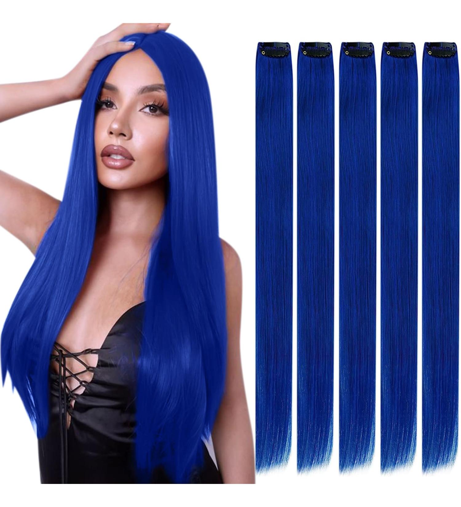 Runature Real Hair Clip-In Extensions - 50cm Blue Straight - 25g - 5pcs - Invisible & Natural Look - Buy Online on GoSupps.com