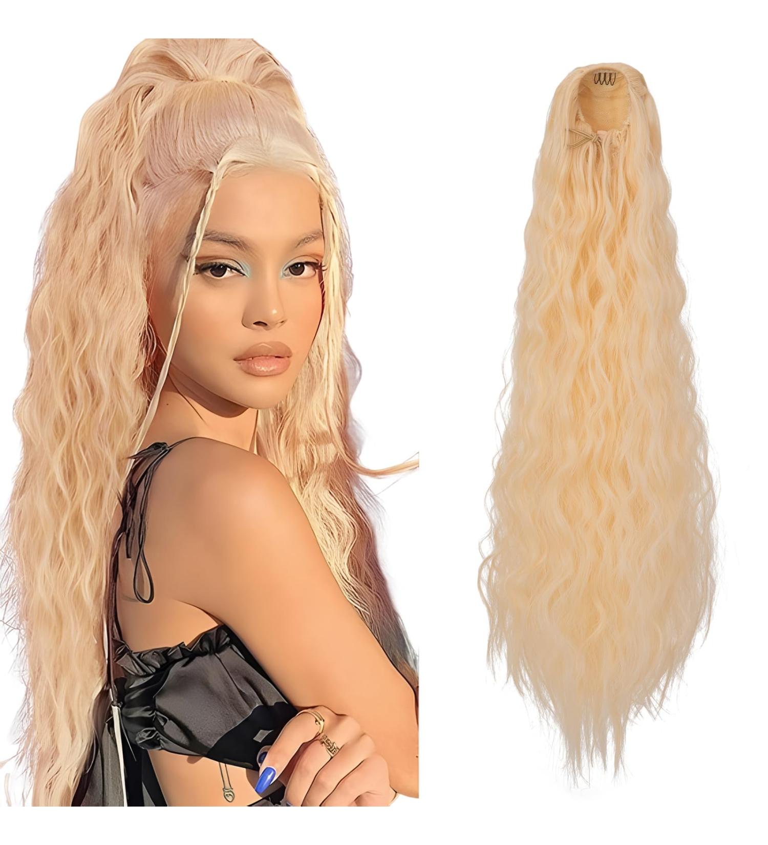 32 Inch Drawstring Ponytail Extension for Women - Long Curly Natural Wavy Hairpiece in Light Ash Brown mix Bleach Blonde - Ideal for Daily Use and Parties - Buy Online on GoSupps.com