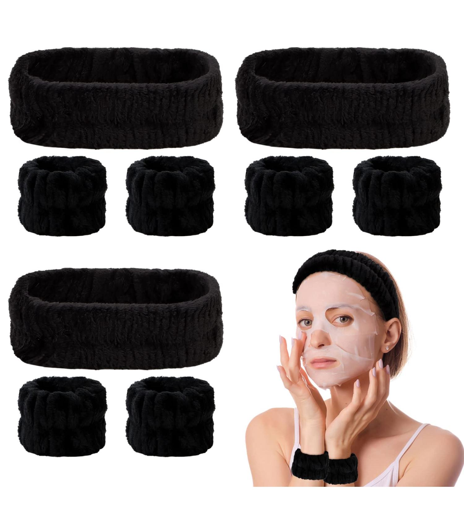 AMCAMI 9 Pcs Spa Headband & Wristband Set - Microfiber Makeup Hair Band & Facial Skincare Towels for Women & Girls - Black - Buy Online on GoSupps.com