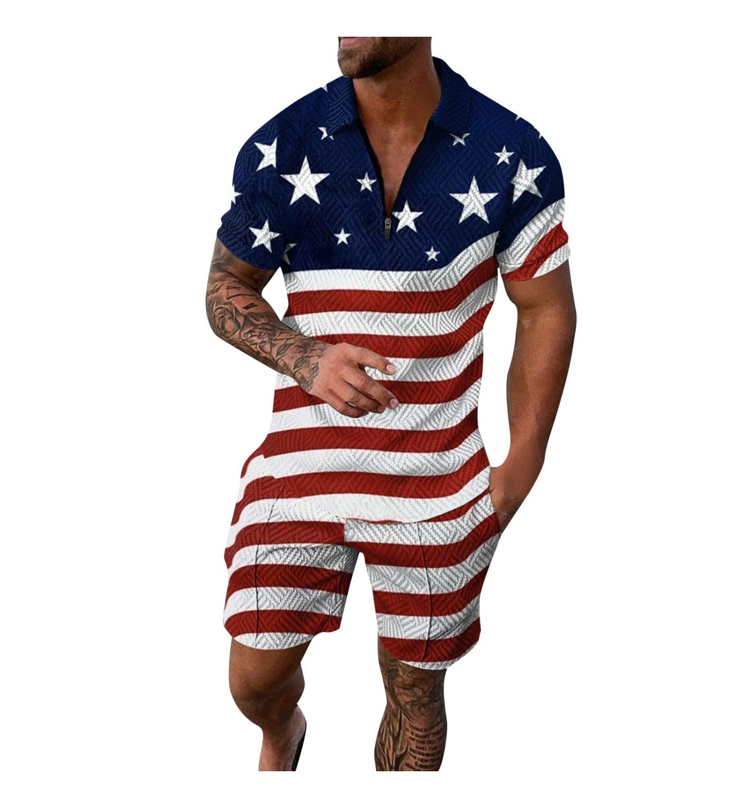 Fxbar Men's Patriotic American Flag Zipper Collar T-Shirt Set, Dark Blue, Large - Buy Online on GoSupps.com