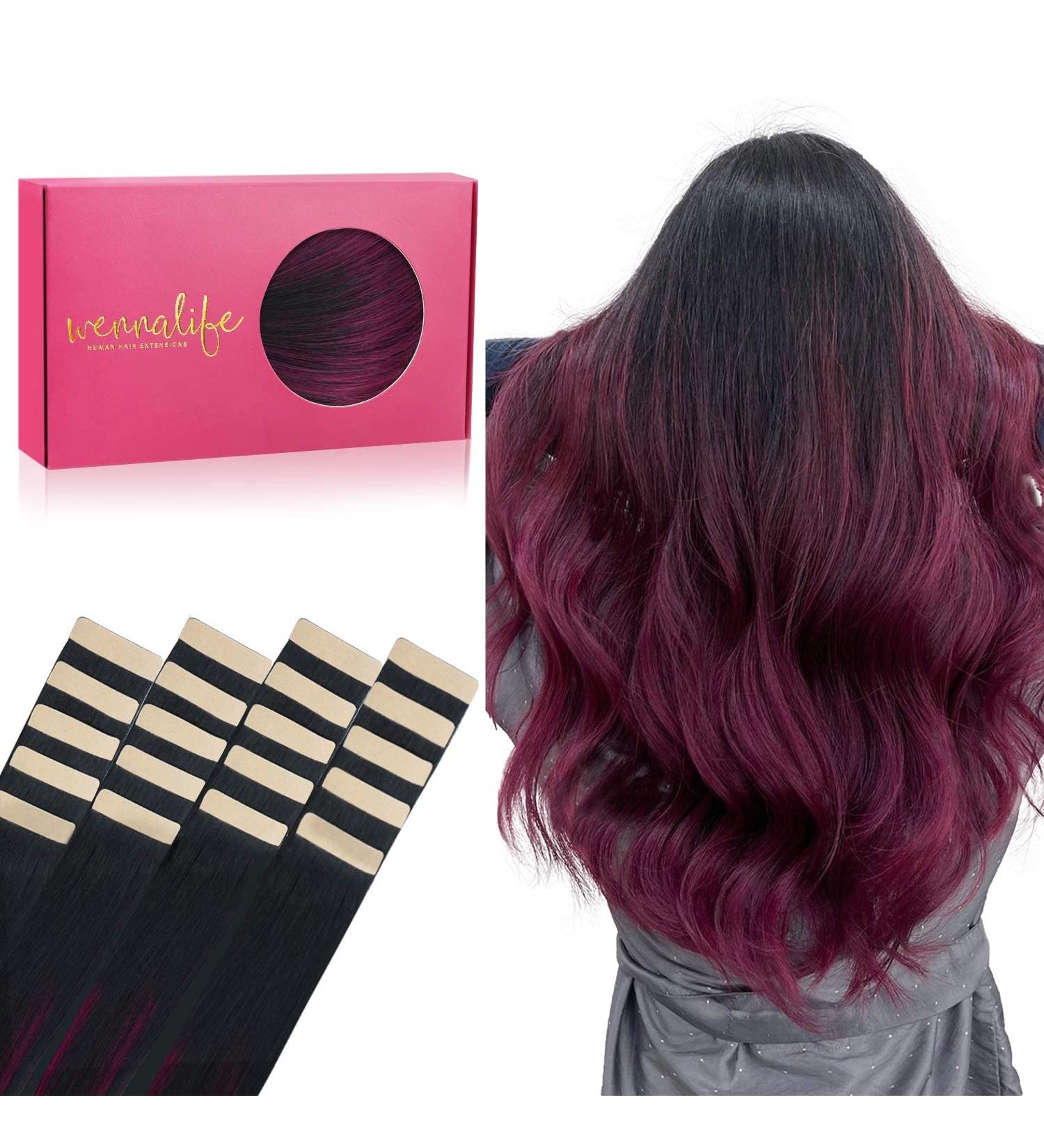Buy 20pcs Jet Black to Burgundy Tape-In Extensions | 45cm Real Remy Hair | Silky Straight Invisible Weft - Buy Online on GoSupps.com