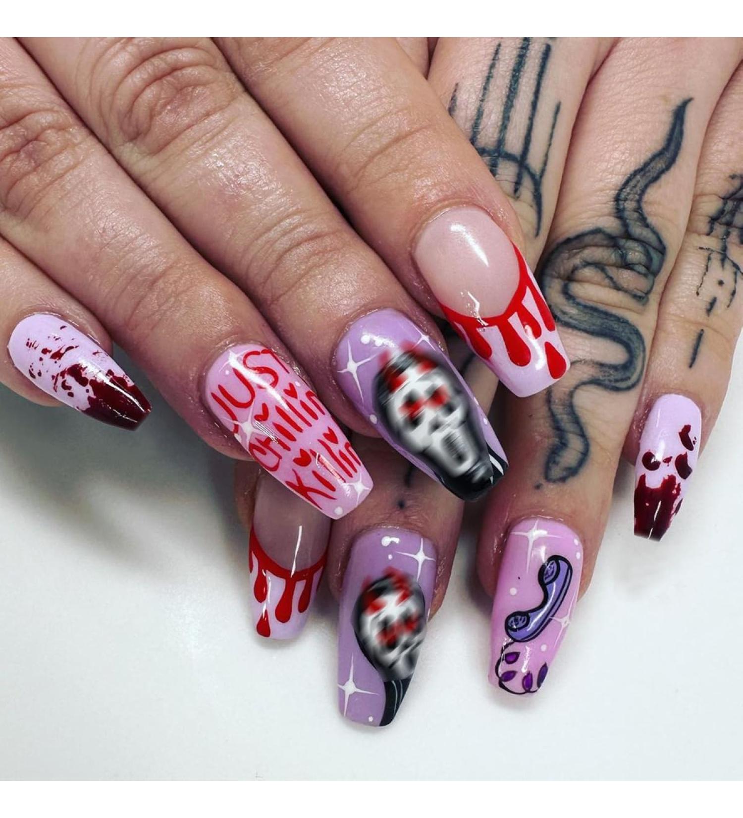 Shop Cute Halloween Press on Nails - Medium Coffin Style Blood Design Ghost Accent - 24Pcs Glossy Acrylic Stick-on Nails for Women - Buy Online on GoSupps.com