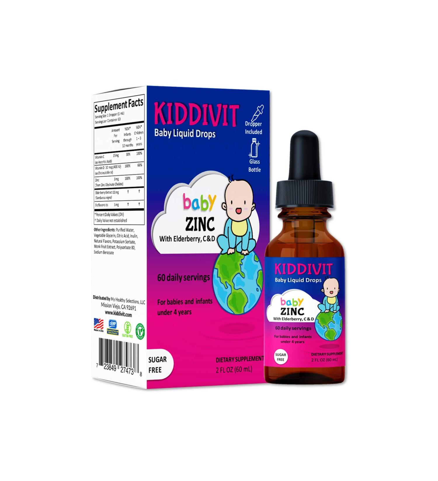 Kiddivit Baby Zinc Liquid Drops with Elderberry, Vitamin D3 & C - 60 Daily Servings - 2 Fl Oz (60 mL) - Buy Online on GoSupps.com