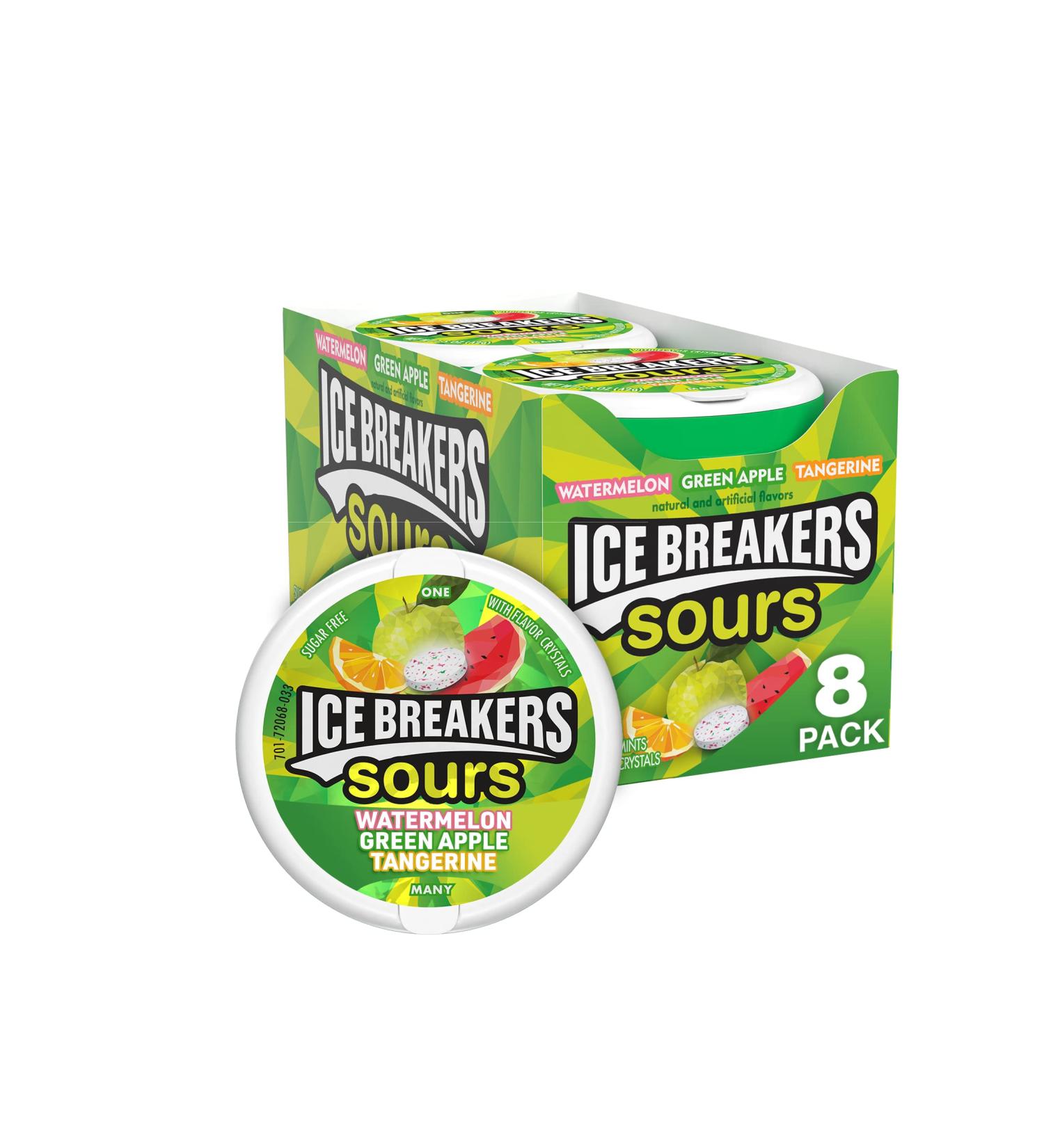 ICE BREAKERS Sours Sugar Free Breath Mints - Green Apple, Tangerine, Watermelon Flavors - 1.5 oz Tins (8 Count) - Buy Online on GoSupps.com