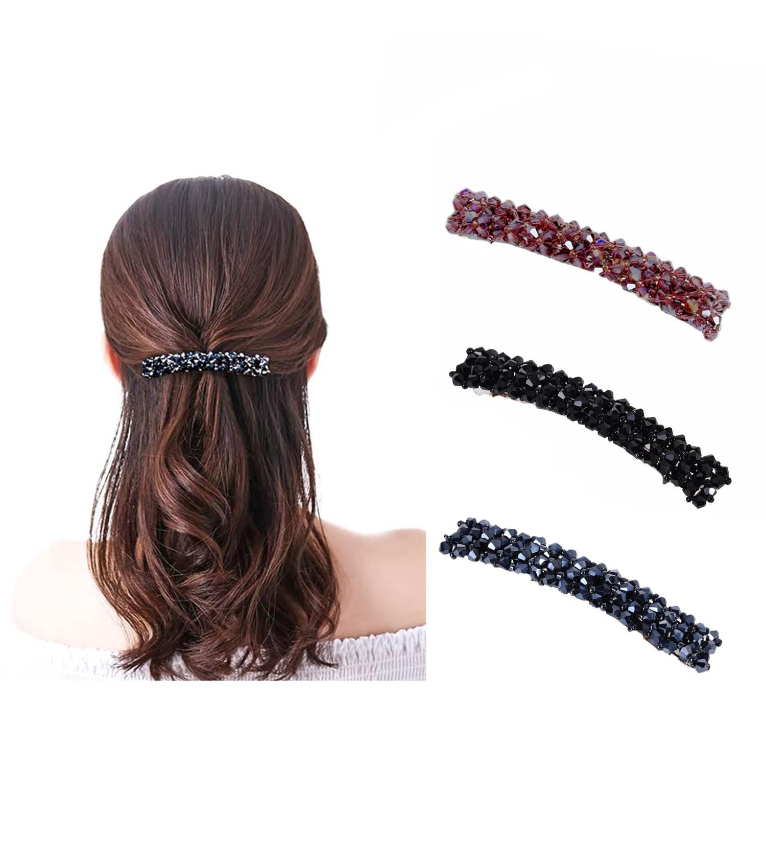 3 Pcs Crystal Hair Clips for Women - Elegant Rectangular French Automatic Hair Accessories for Thin & Thick Hair - Buy Online on GoSupps.com