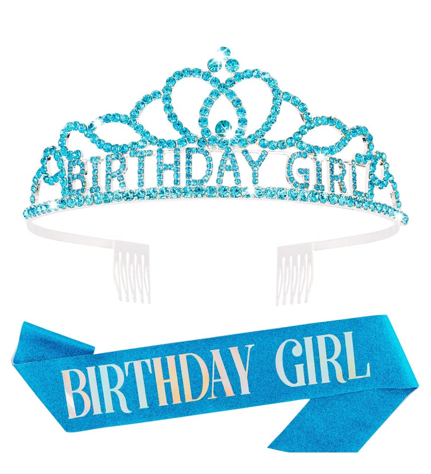 Blue Atoden Birthday Princess Tiara Set for Girls and Women - Rhinestone Crown Headband with Sash - Birthday Decorations and Hair Accessories - Buy Online on GoSupps.com