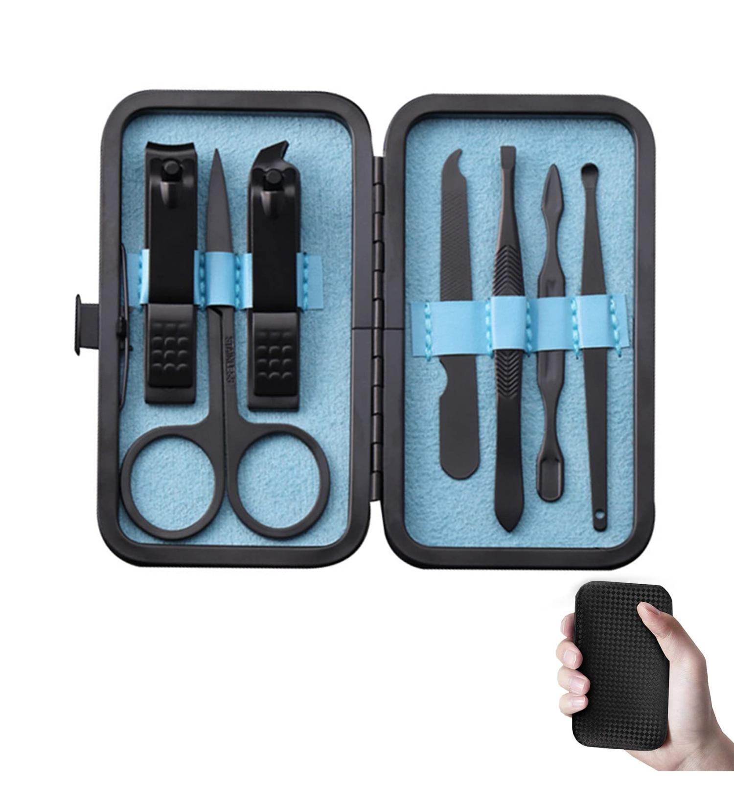 Rnitle Luxury 7-in-1 Manicure Set - Stainless Steel Nail Clipper & Pedicure Tools in Black PU Leather - Travel Beauty Kit - Buy Online on GoSupps.com
