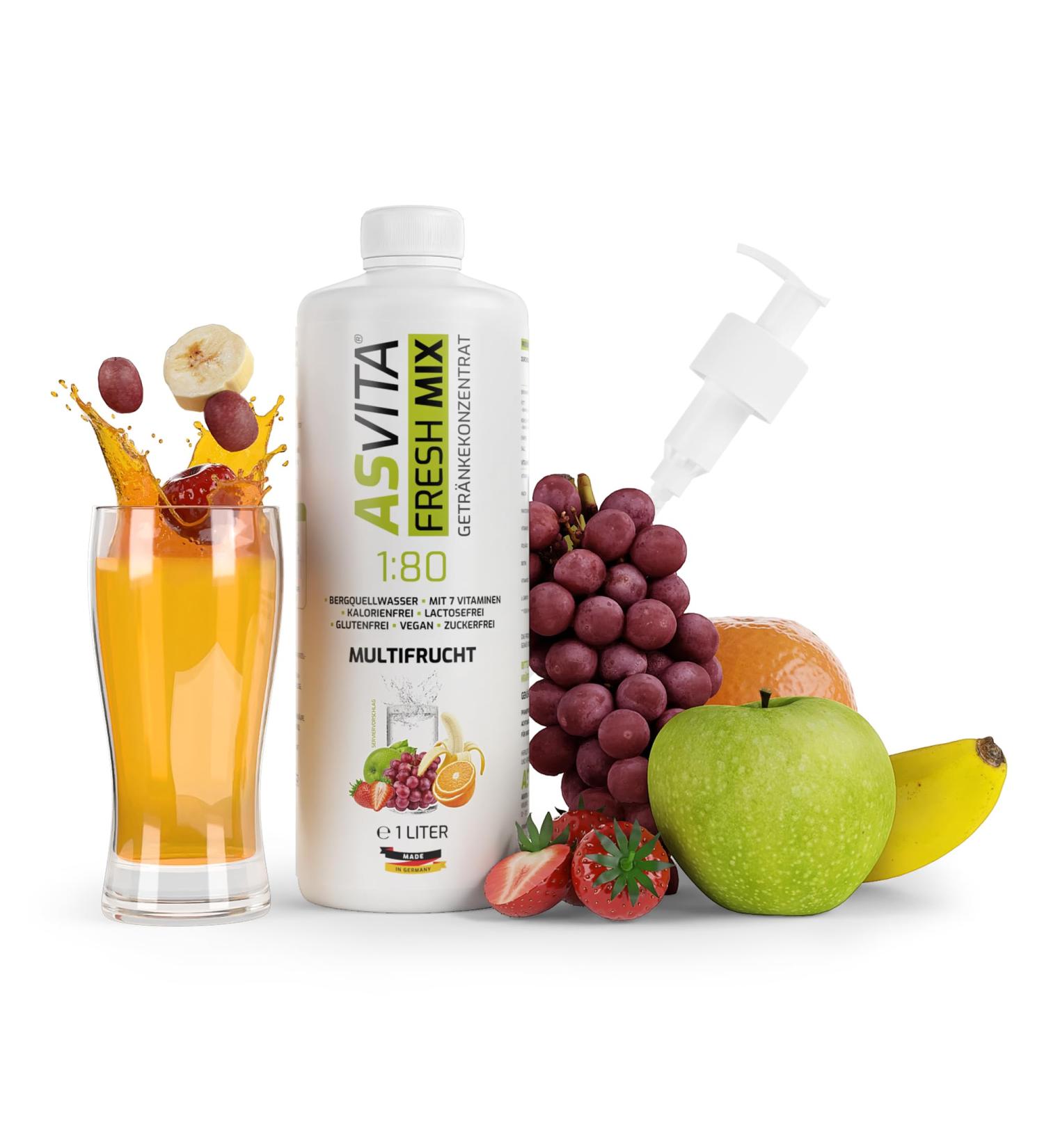 Buy ASVITA Beverage Concentrate Fresh Mix 1:80 - 1L Bottle with Dosing Pump | Sugar-Free Drink Syrup - 26 Delicious Flavors - International Shipping Available - Buy Online on GoSupps.com