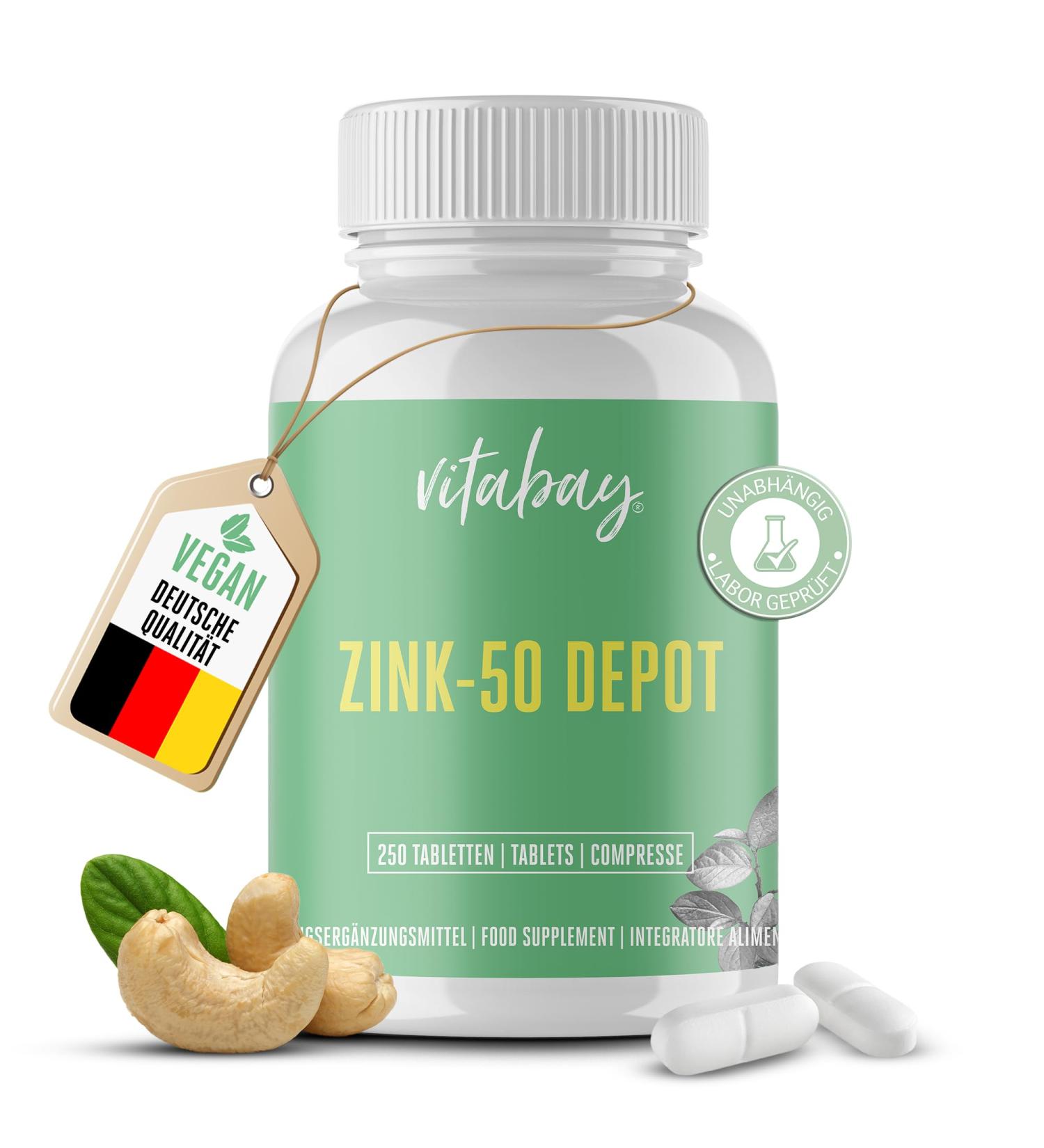 Vitabay Zinc Tablets - High Dose 50mg 250 Vegan Zinc Capsules | Zinc Supplement for Immune Support - 500 Portions of 25mg Zinc Per Serving - Buy Online on GoSupps.com