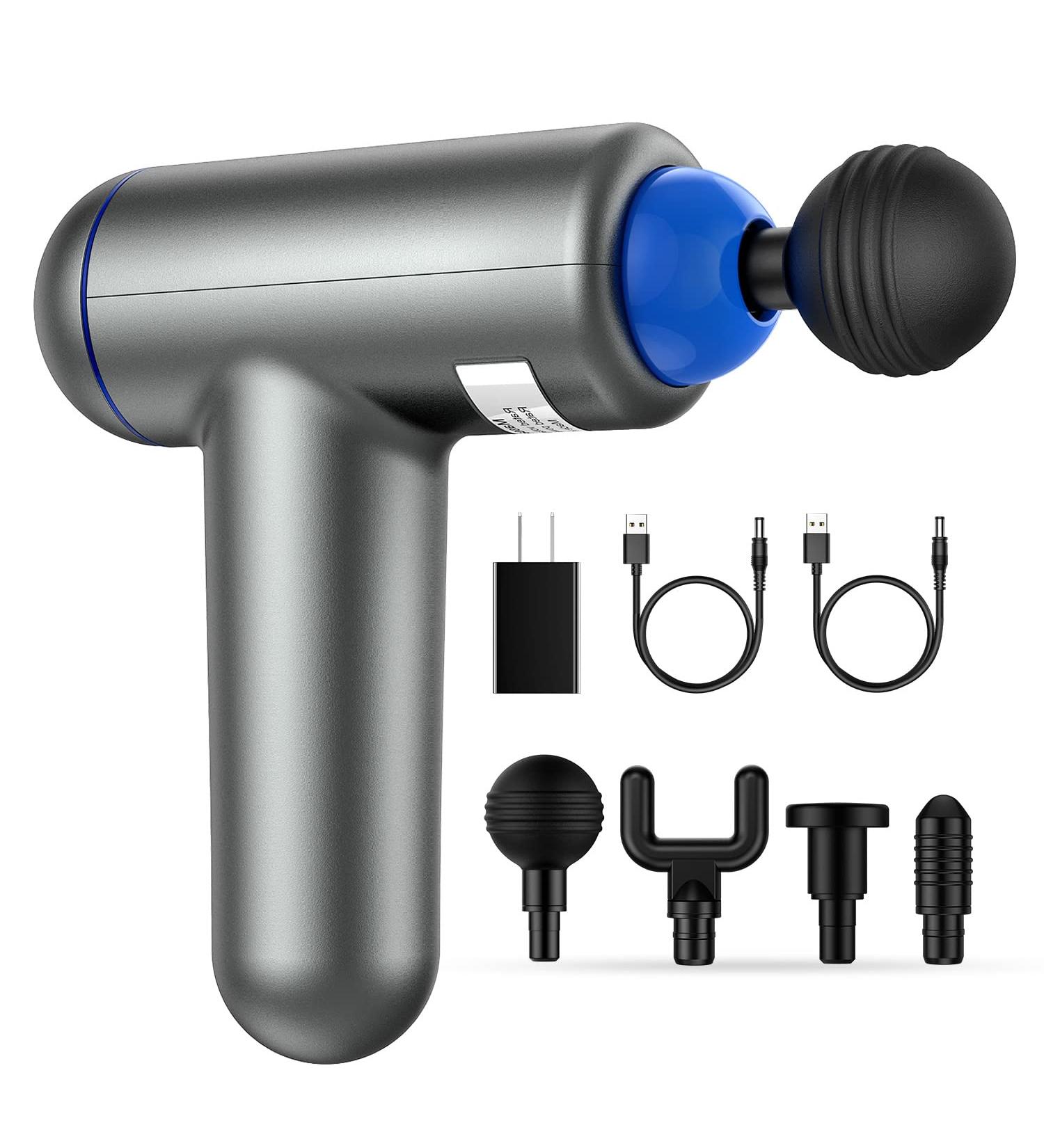 Deep Tissue Percussion Muscle Massage Gun - USB Rechargeable Handheld Electric Massager for Athletes - Super Quiet 6 Speed High-Intensity Vibration - 4 Message Heads - Gray - Buy Online on GoSupps.com