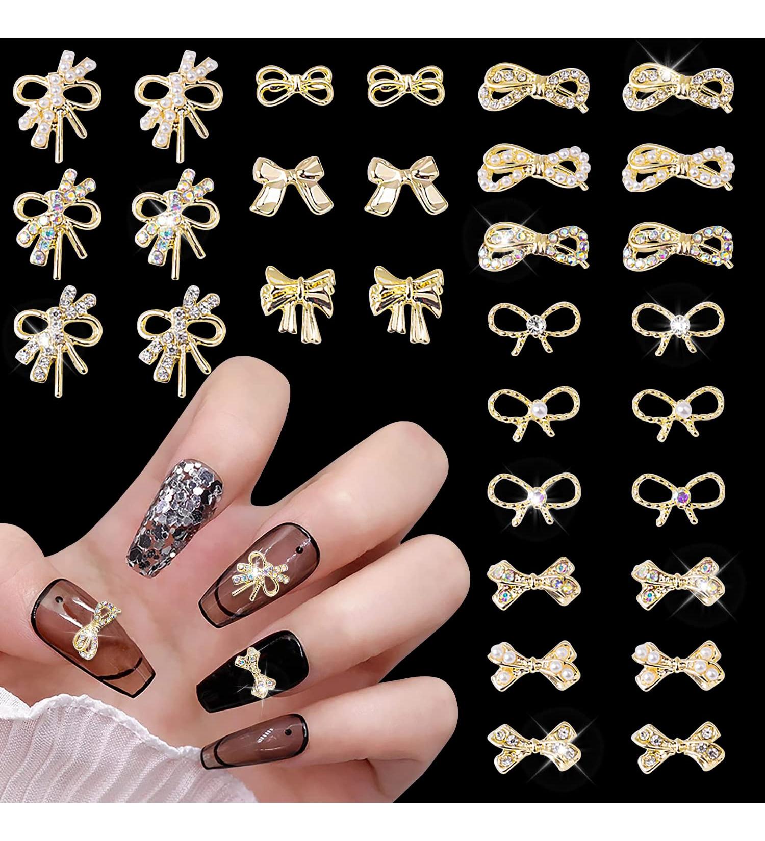 JERCLITY Gold Alloy Bow Nail Charms - 30 Pieces Nail Art Decorations with Rhinestones & Pearls - 15 Styles for Women & Girls - Buy Online on GoSupps.com