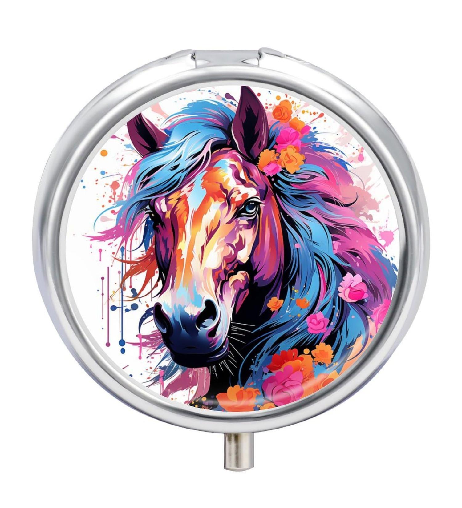 Small Travel Pill Case Round Metal Pill Box for Pocket Purse 3 Compartment Portable Pill Holder Mini Pill Organizer for Travel or Daily - Horse - Buy Online on GoSupps.com