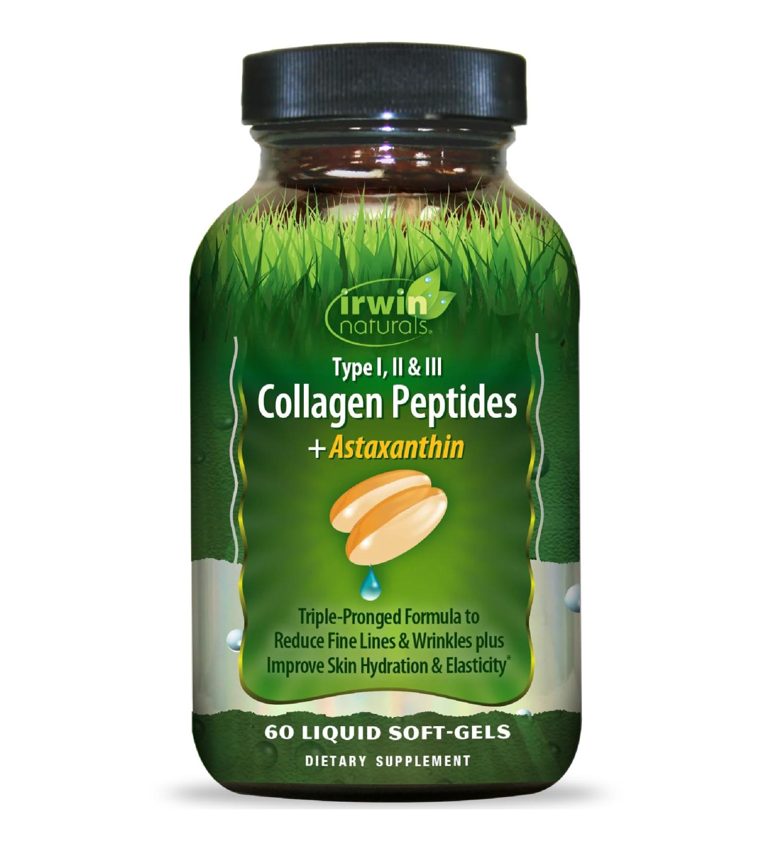 Irwin Naturals Collagen Peptides + Astaxanthin, Type I, II & III, 60 Liquid Soft-Gels - Buy Online on GoSupps.com