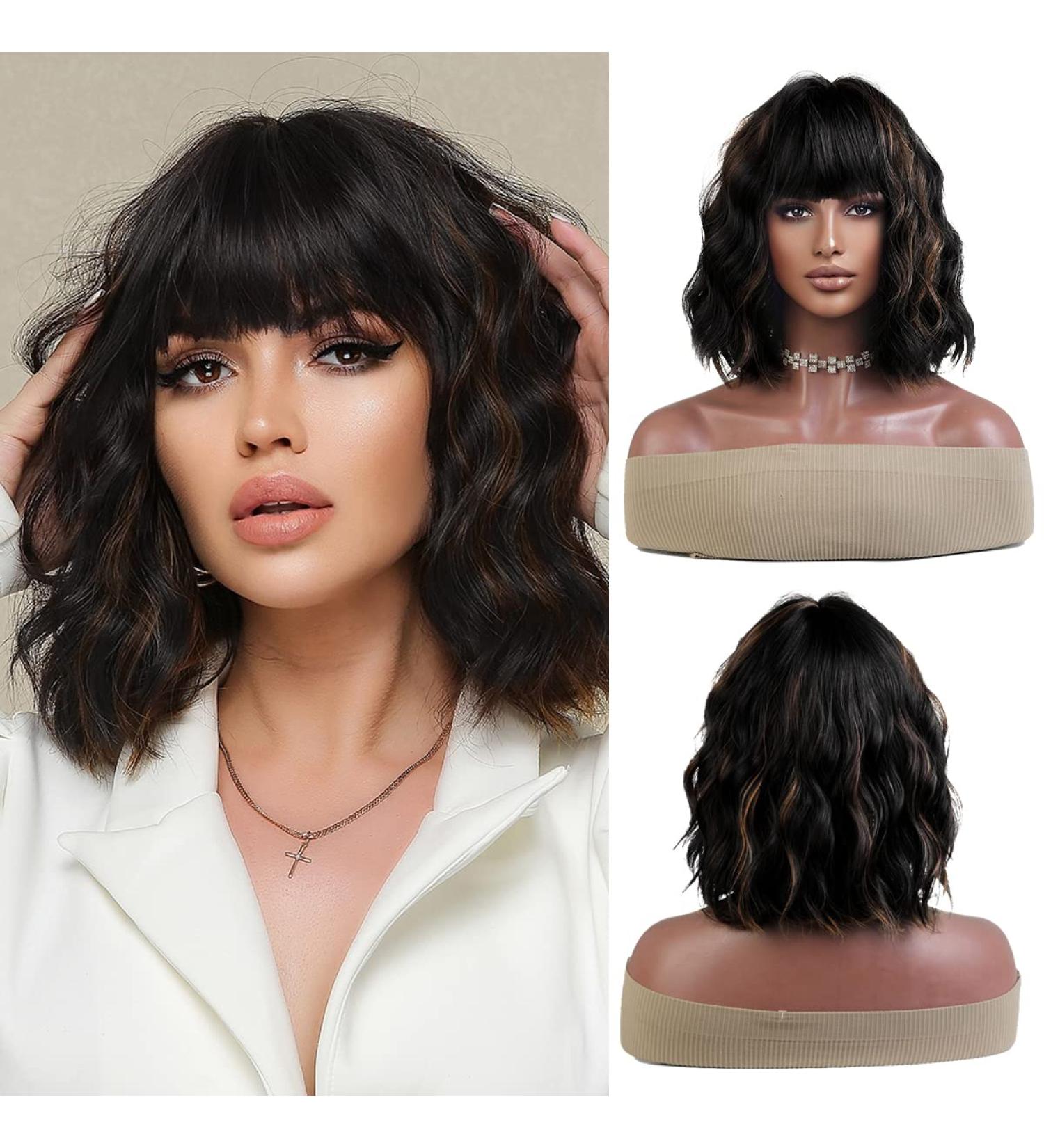 OUFEI Black Highlight Bob Wig for Women - Short Wavy Synthetic Hair Heat Resistant Daily Party Cosplay Wig - 13 Inches Dark Brown Highlight - Buy Online on GoSupps.com