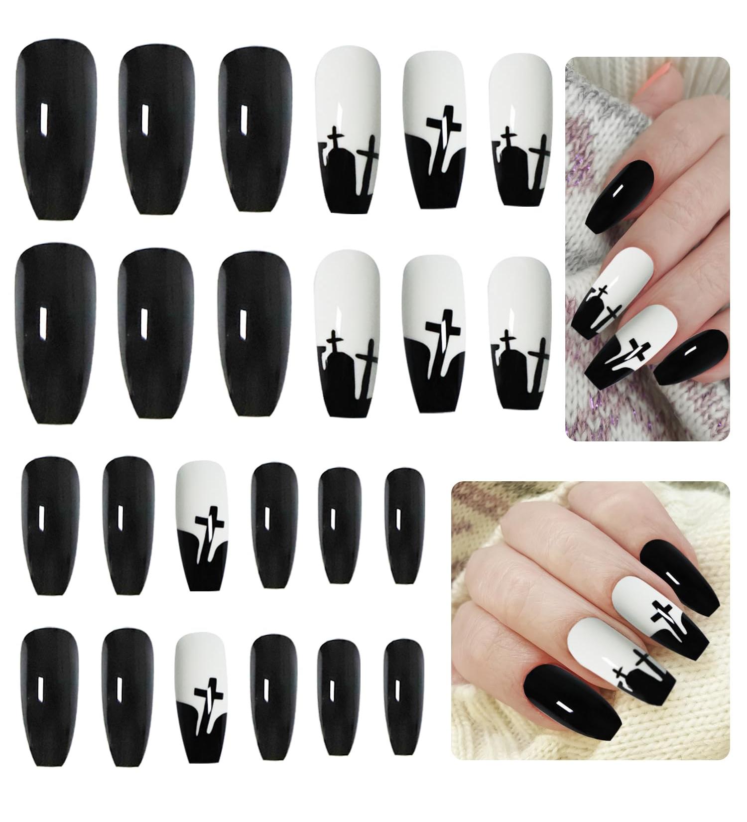 CHEERYMAGIC Halloween Fake Nails Long Black French Press on Nails with Patterns Acrylic Coffin Crucifixion False Nails for Women Girls Nail Art Cosplay Decoration A6-HBSZJJP - Buy Online on GoSupps.com