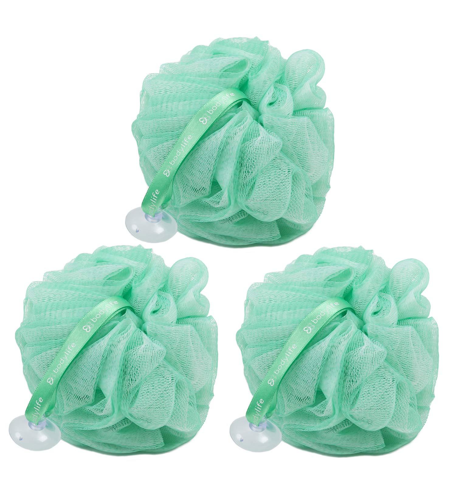 Bodylife Body Buffer Puff Exfoliating Bath & Shower Body Pouf Scrunchie Body Scrubber Green & White 55g Triple Pack