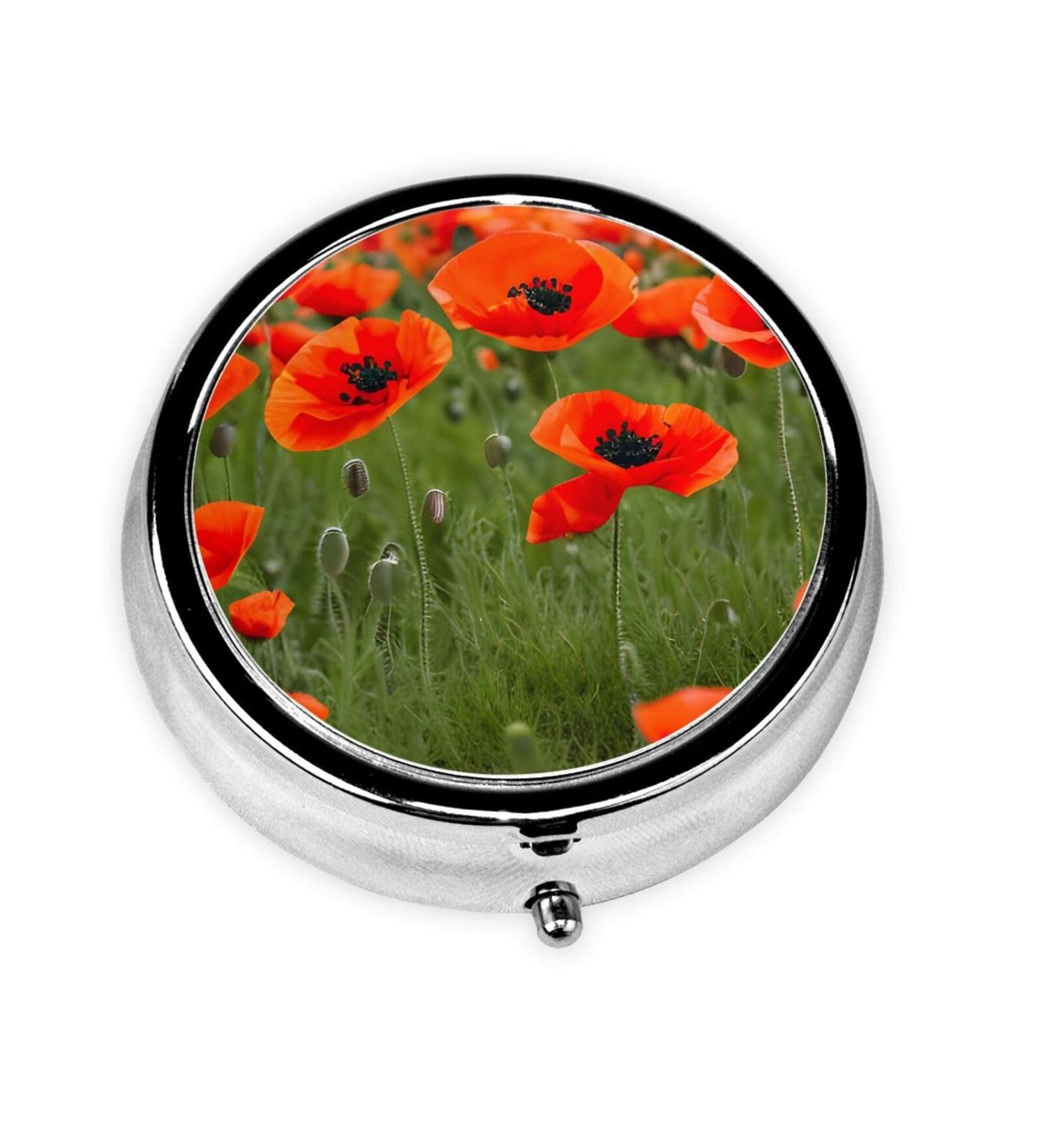 Portable Round Pill Box with Poppy Flower Petals - Lightweight Moisture-Proof Vitamin Organizer - Buy Online on GoSupps.com