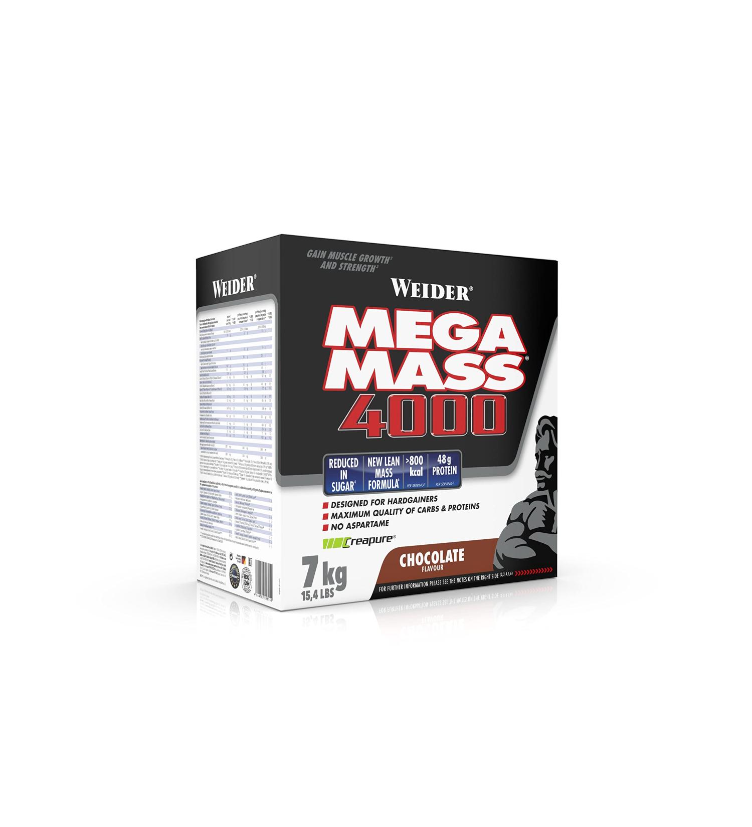 Weider Mega Mass 4000 Weight Gainer Shake - 7kg Chocolate | High Protein Creapure Creatine Complex Carbs Vitamins & Minerals for Muscle Building - Buy Online on GoSupps.com