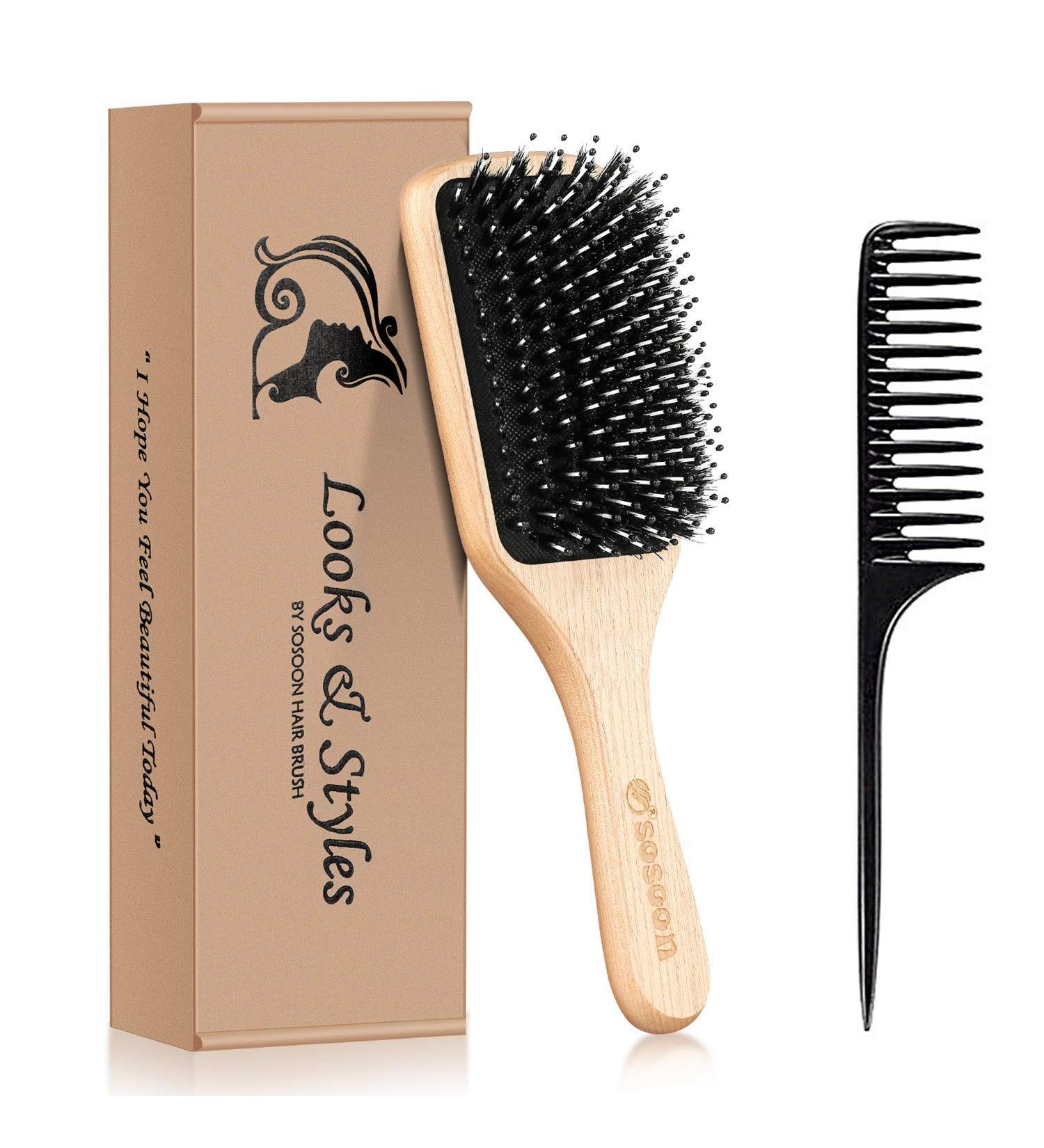 Sosoon Boar Bristle Paddle Hairbrush - No More Tangle - Giftbox & Tail Comb Included - Buy Online on GoSupps.com