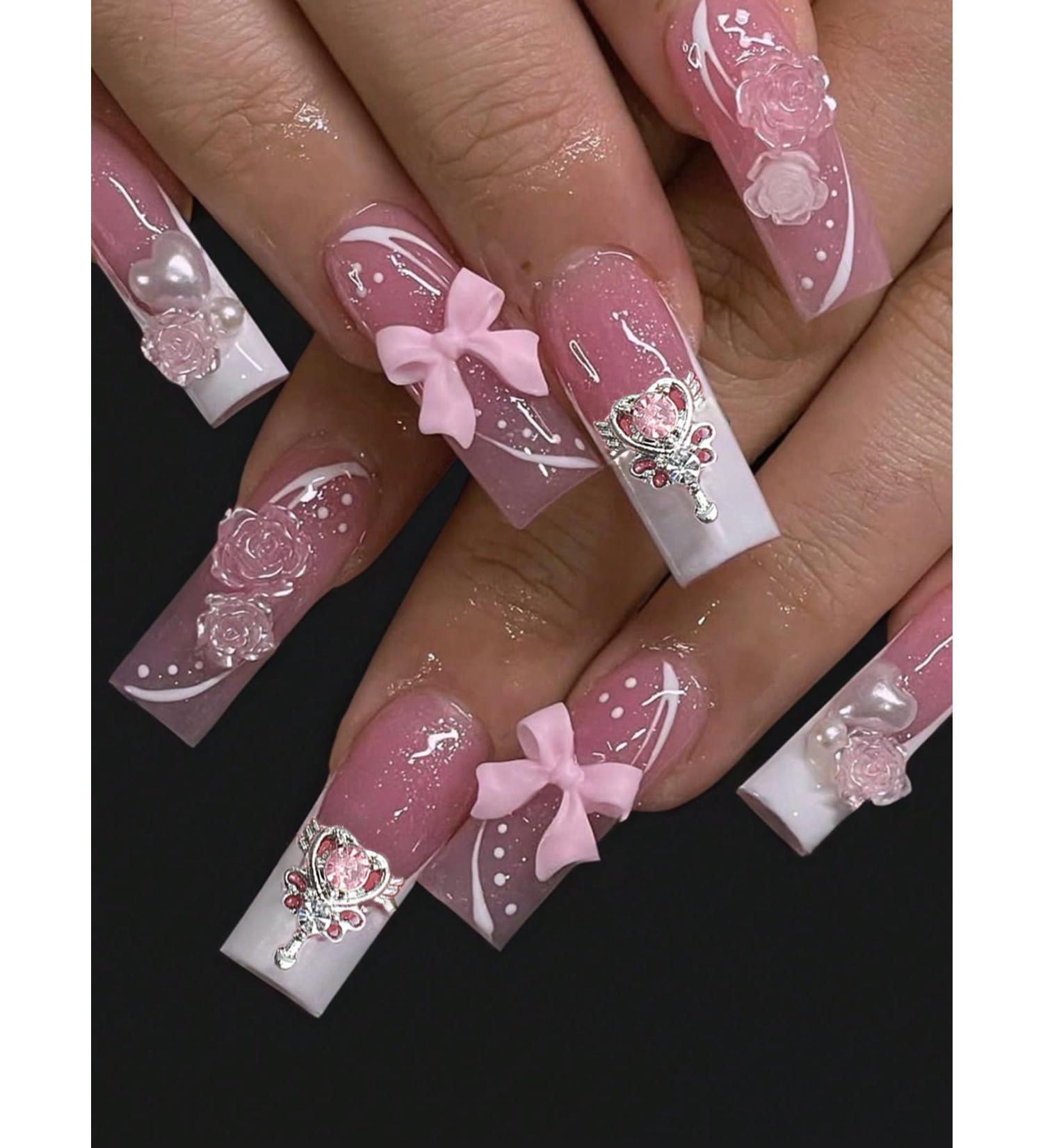 24pcs Bow Rose Coffin Fake Nail Pink Bow Press on Nails White French Cute Bow Rose Coffin Nails Luxurious Nails Acrylic Nails Fake Nails For Women Girls - Buy Online on GoSupps.com