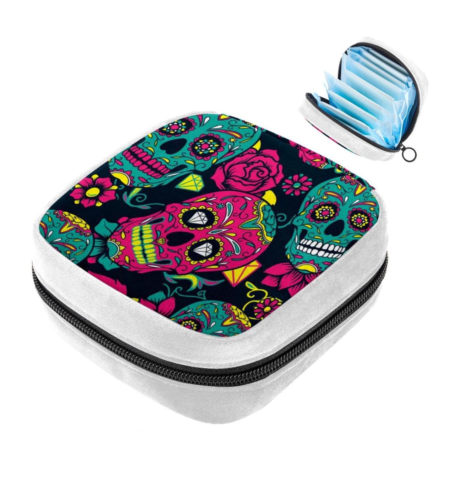 Blue Colorful Skull Sanitary Napkin Storage Bag | Period Tampon Makeup Pad Pouch - Buy Online on GoSupps.com