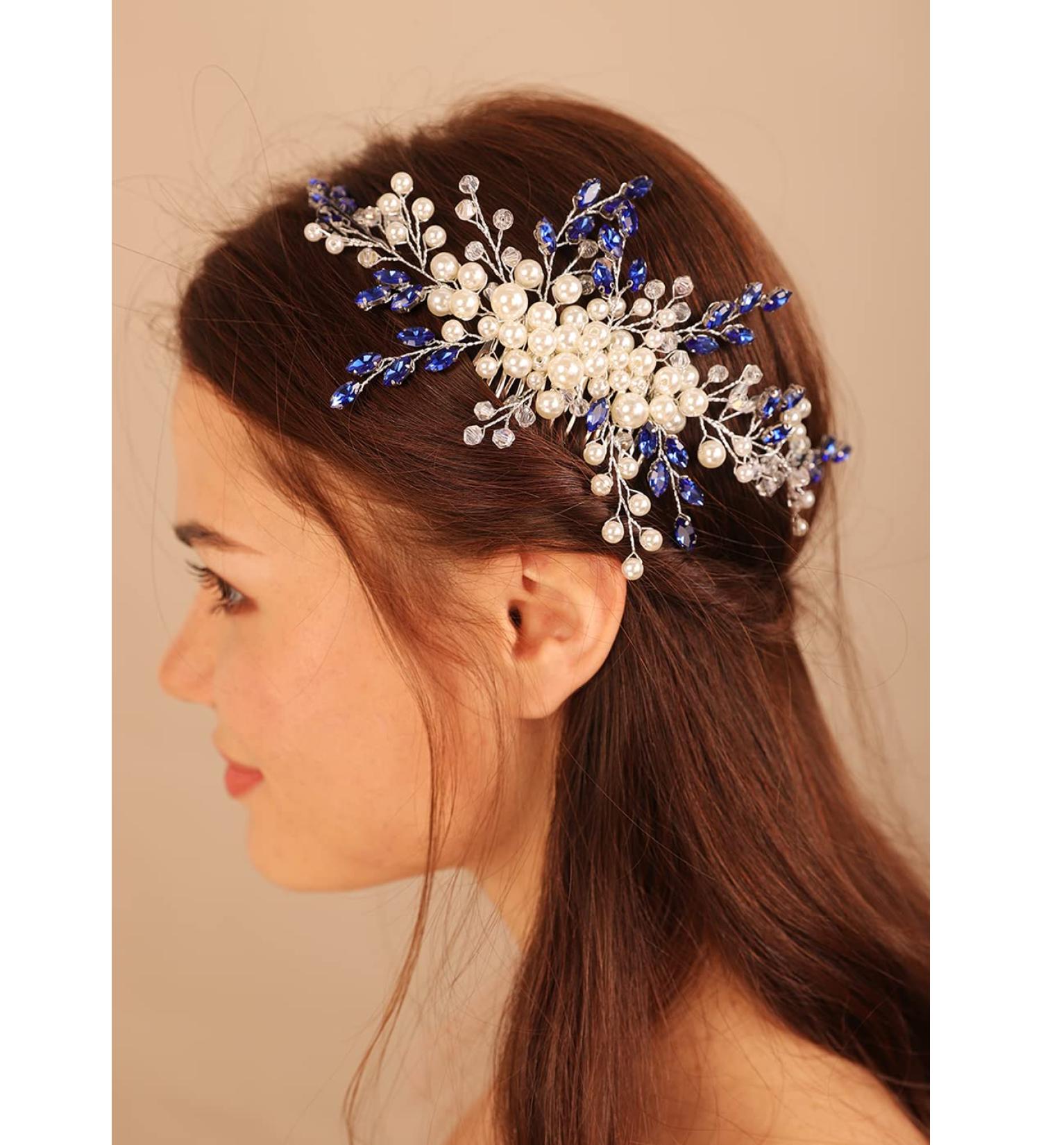 Deniferymakeup Wedding Bridal Pearl Hair Comb Vintage Something Blue Hair Accessory Updo Hair Jewelry for Women and Girls (Blue) - Buy Online on GoSupps.com