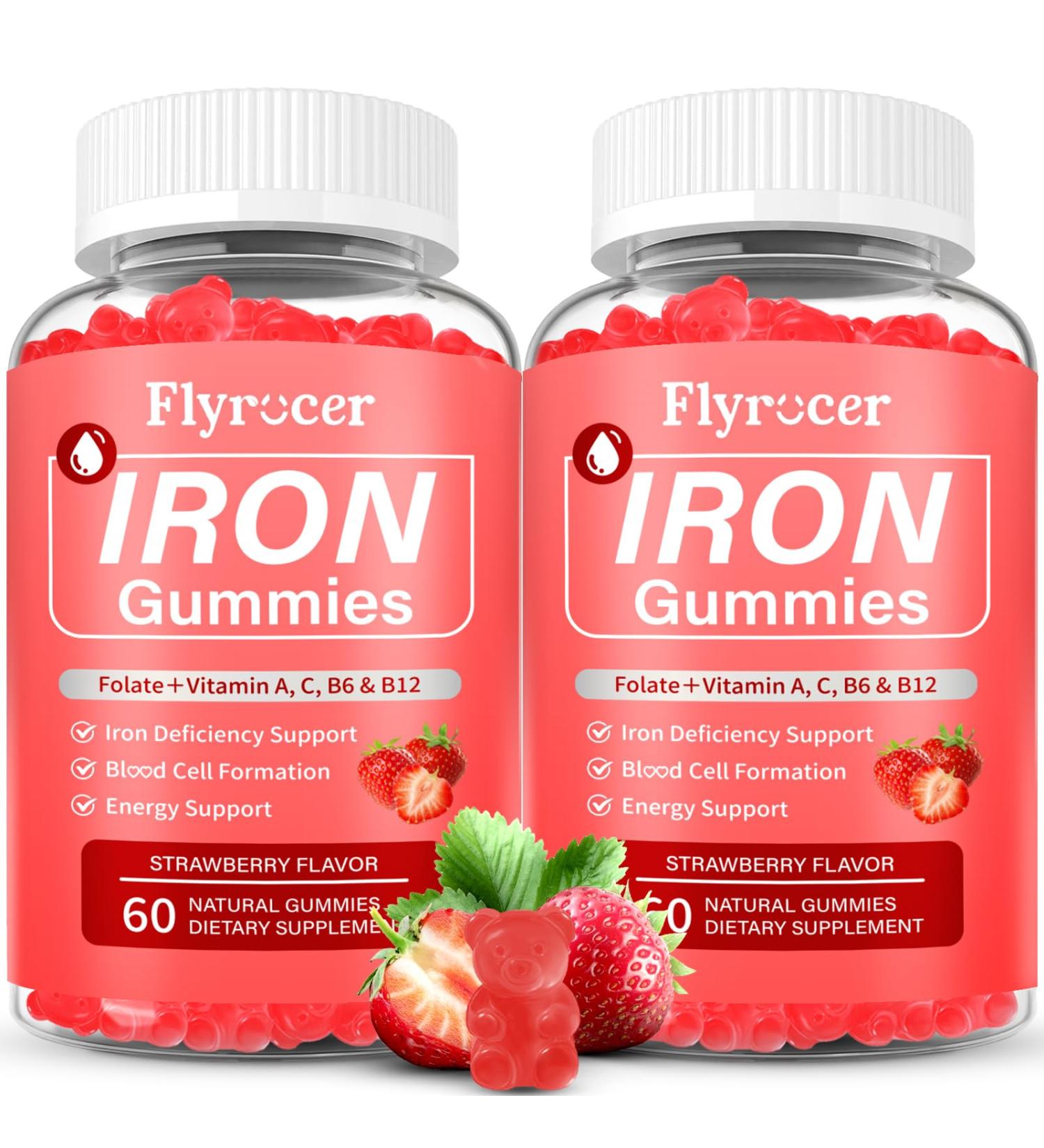 2 Pack Iron Gummies for Men and Women, Energize, Combat Fatigue, Support Anemia Recovery. Packed with Iron, Folate, Vitamin C, in Vegan Strawberry Flavor, 120 Gummies Strawberry 60 Count (Pack of 2) - Buy Online on GoSupps.com