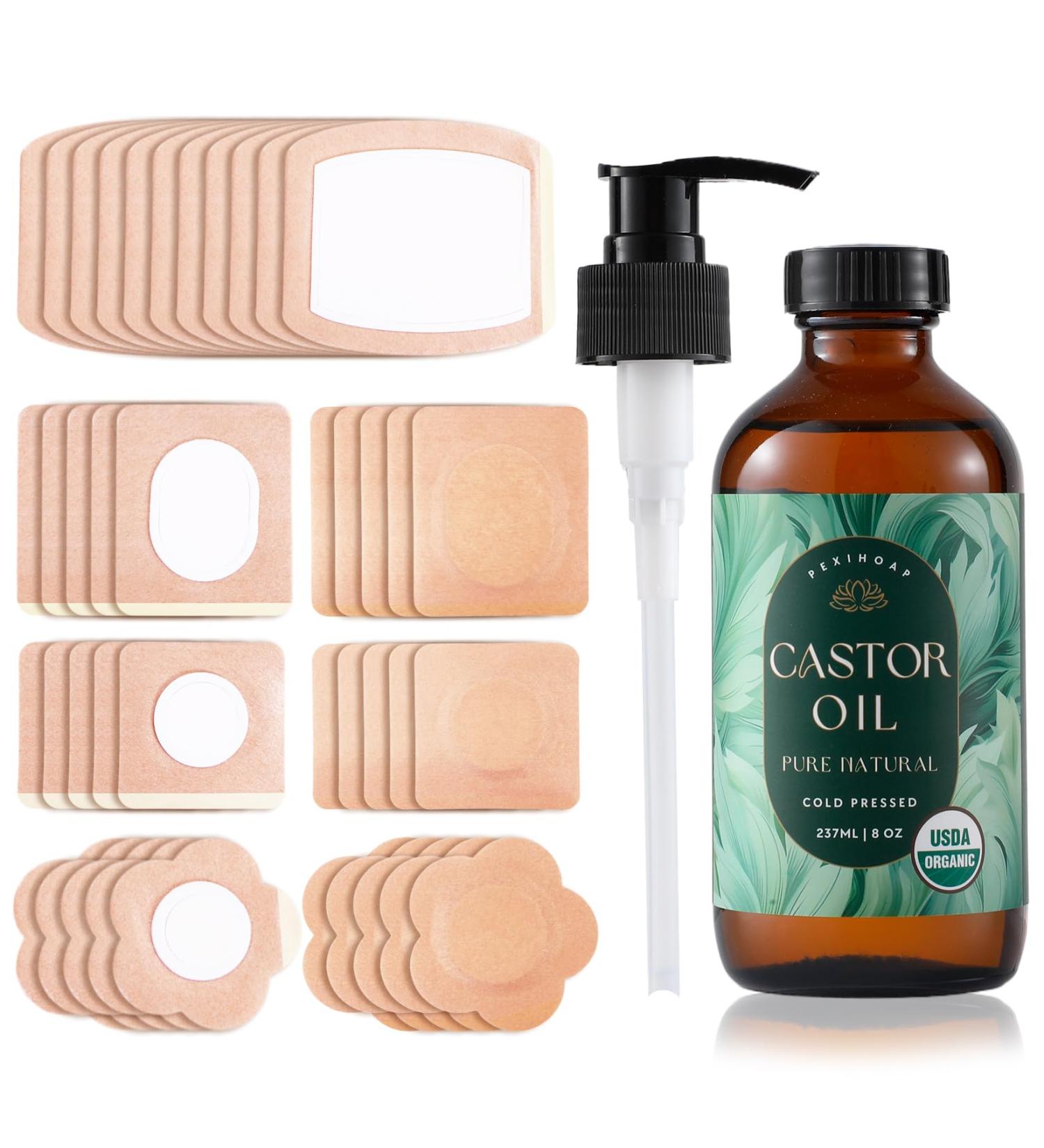40Pcs Castor Oil Patch Set Castor Oil Pack with 8oz Organic Cold-Pressed Caster Oil Glass Bottle Disposable Leakproof 40pcs pack with oil - Buy Online on GoSupps.com