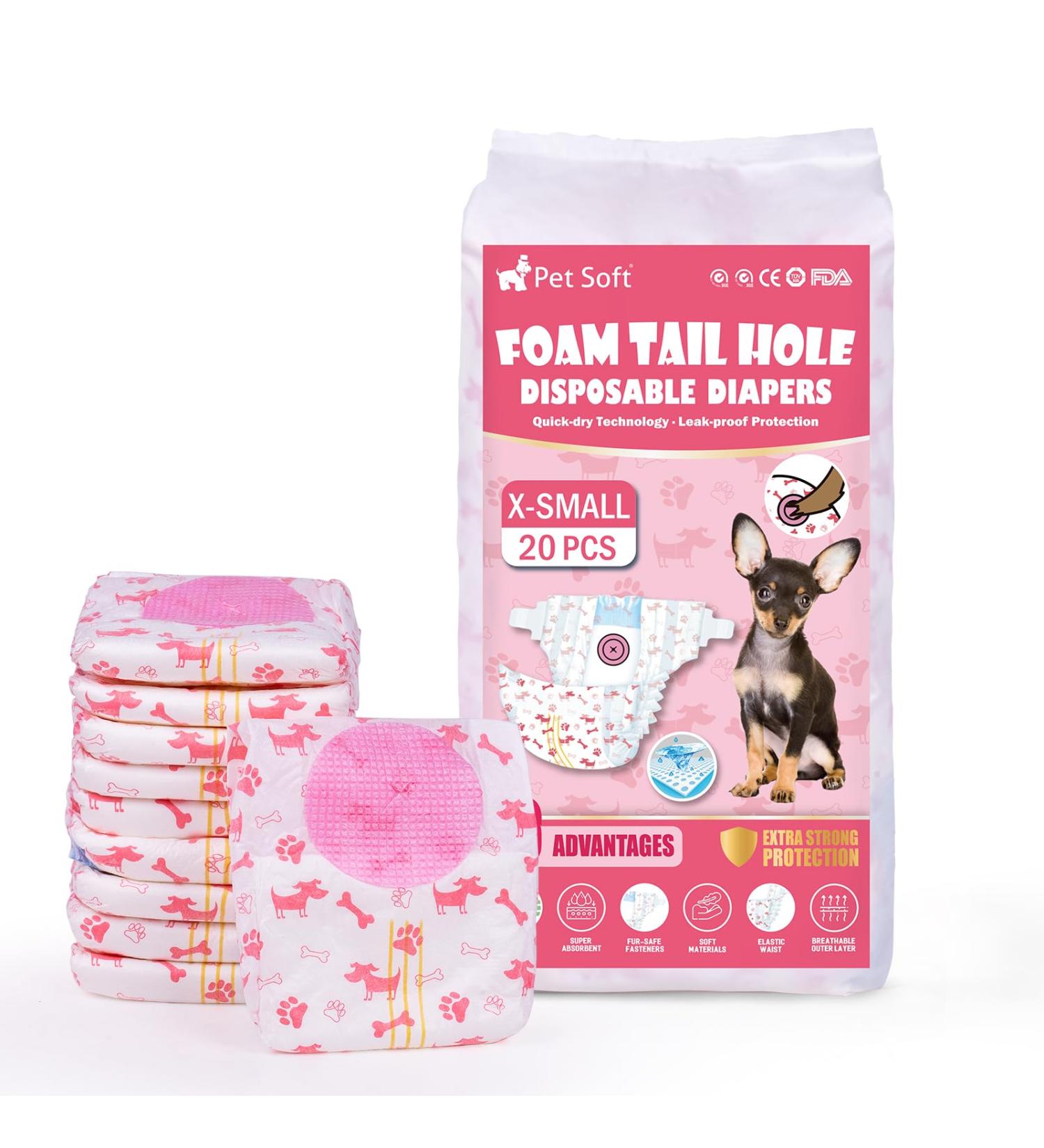 Soft Disposable Dog Diapers for Bitches - 20 Pack Adjustable Tail Hole High-Suction Cat Diapers (XS) - Buy Online on GoSupps.com