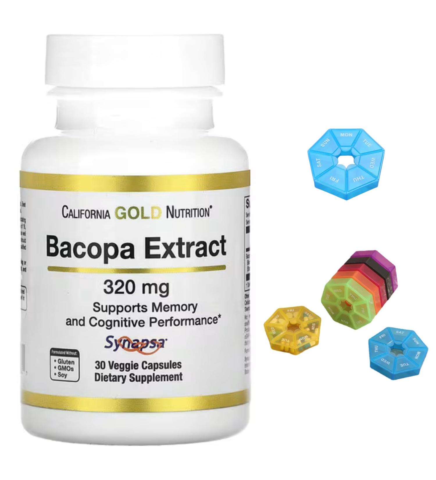 Bacopa Extract Compatible With California Gold Nutrition 320 mg 30 Veggie Capsules + Bonus Pill Organizer Weekly Pill Organizer Mini - Buy Online on GoSupps.com