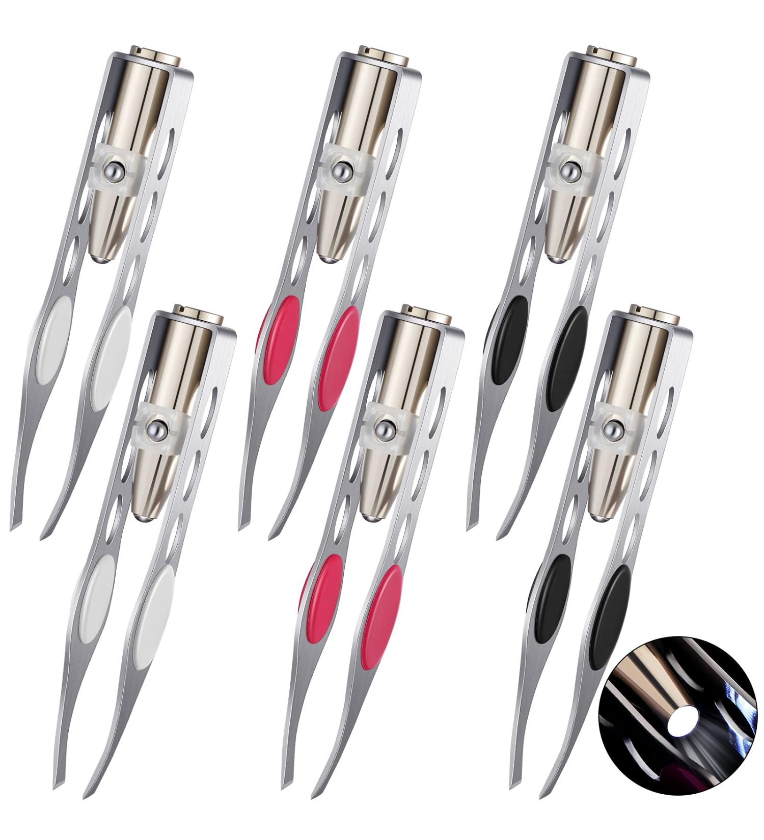 6-Piece LED Light Stainless Steel Tweezers Set for Precision Makeup & Hair Removal - White, Black, Rose Red - Buy Online on GoSupps.com