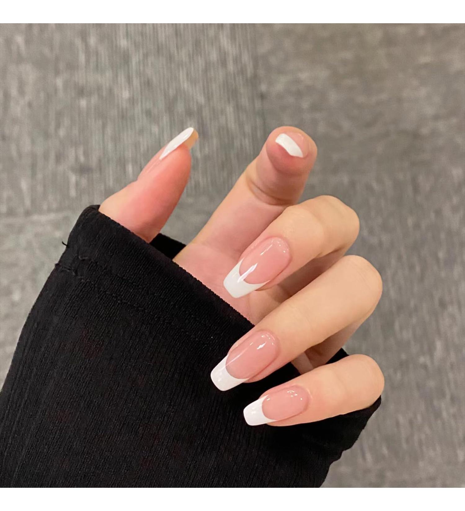 24pcs Long Coffin Ballerina False Nails with Glue - Full Cover Press on Manicure for Women - Nude French White Fake Nails - Buy Online on GoSupps.com