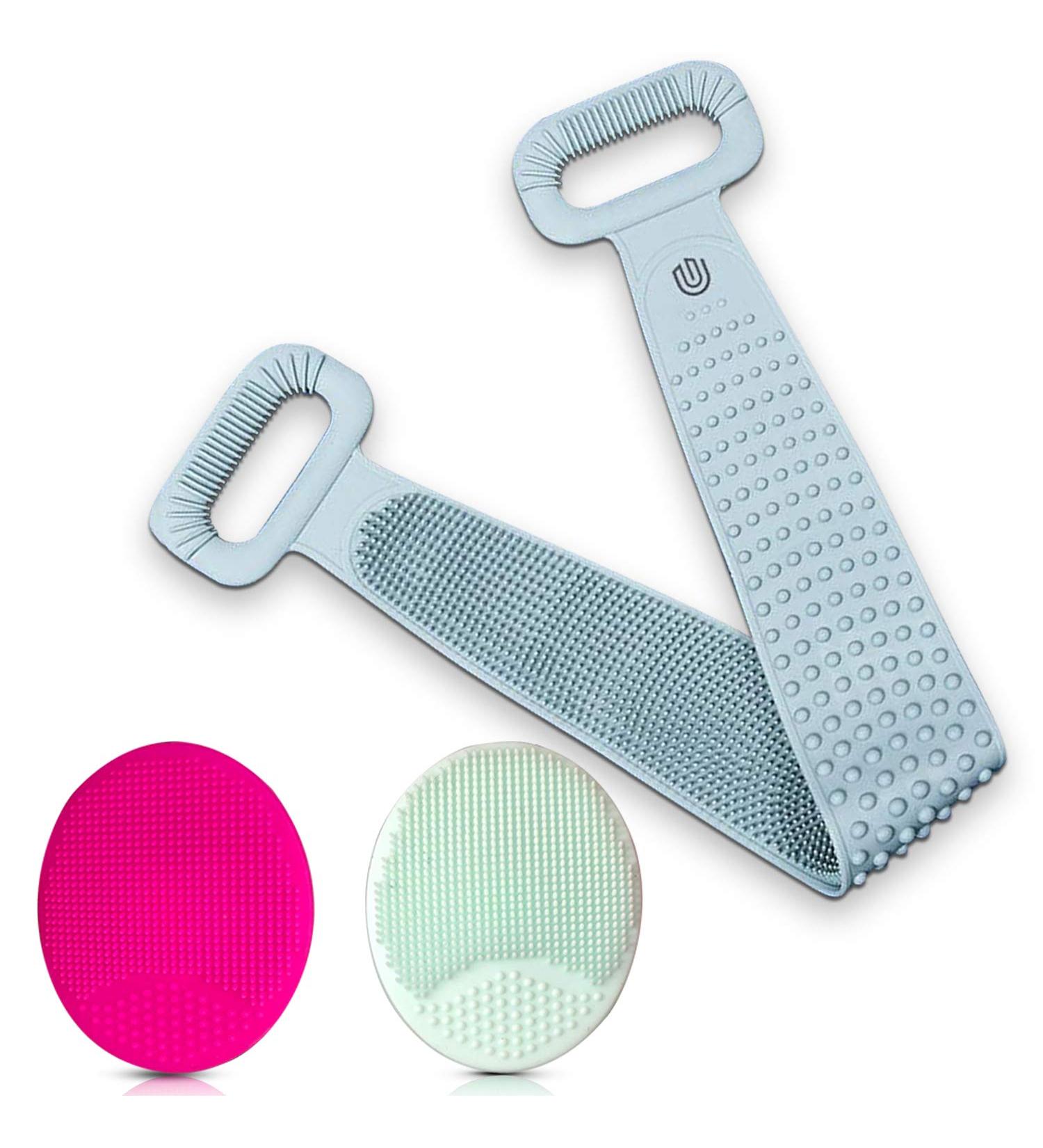 Extra Long Silicone Back Scrubber with Facial Cleansing Brush for Shower - Body and Face Exfoliator, Back Scratcher, Bath Accessories - Buy Online on GoSupps.com