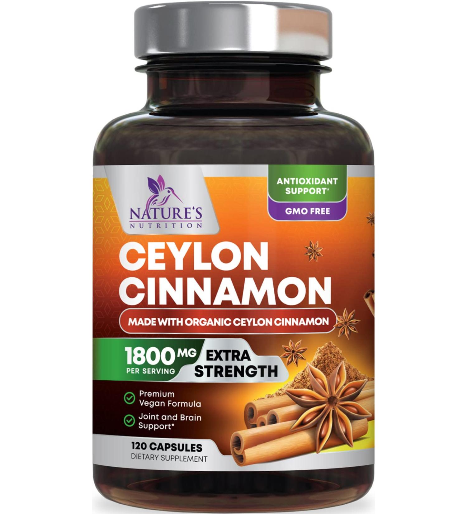 Certified Organic Ceylon Cinnamon Capsules 1800mg - Vegan Cinnamomum Verum Vitamins - 120 Capsules - Buy Online on GoSupps.com