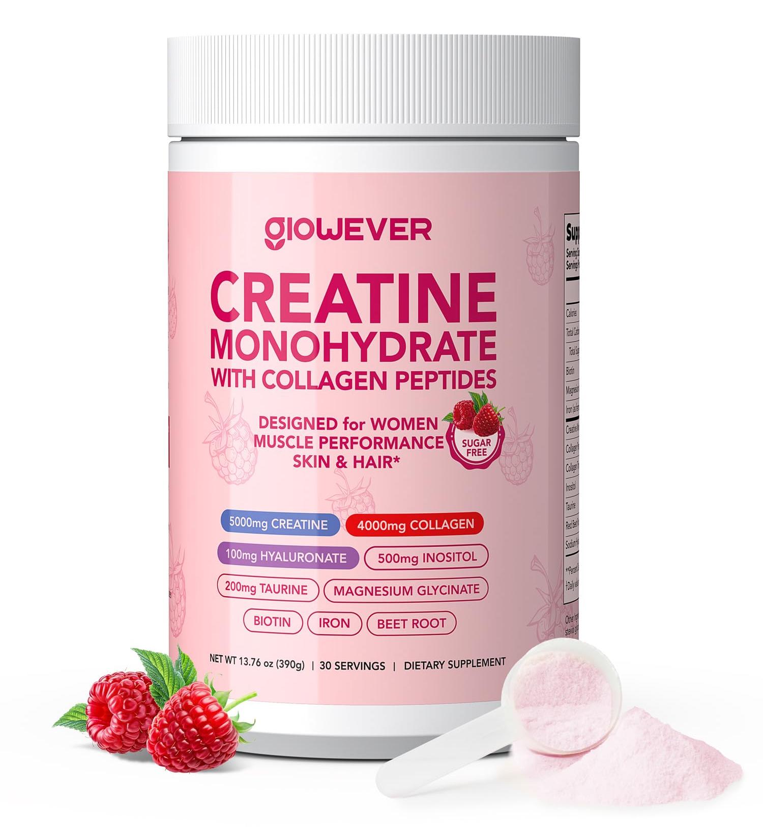 GlowEver Creatine for Women | 5g Creatine Monohydrate + 4g Collagen Peptides Complex Creatine Powder | Sugar-Free, Gluten-Free, Non-GMO, Easily Soluble | Raspberry, 30 Servings - Buy Online on GoSupps.com