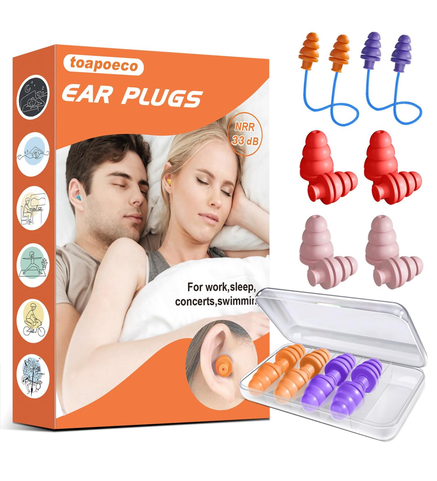 Premium Noise Cancelling Ear Plugs for Sleeping | 8 Pairs Reusable & Comfortable | 33dB NRR for Concerts Snoring & Travel - 4 Colors Available - Buy Online on GoSupps.com