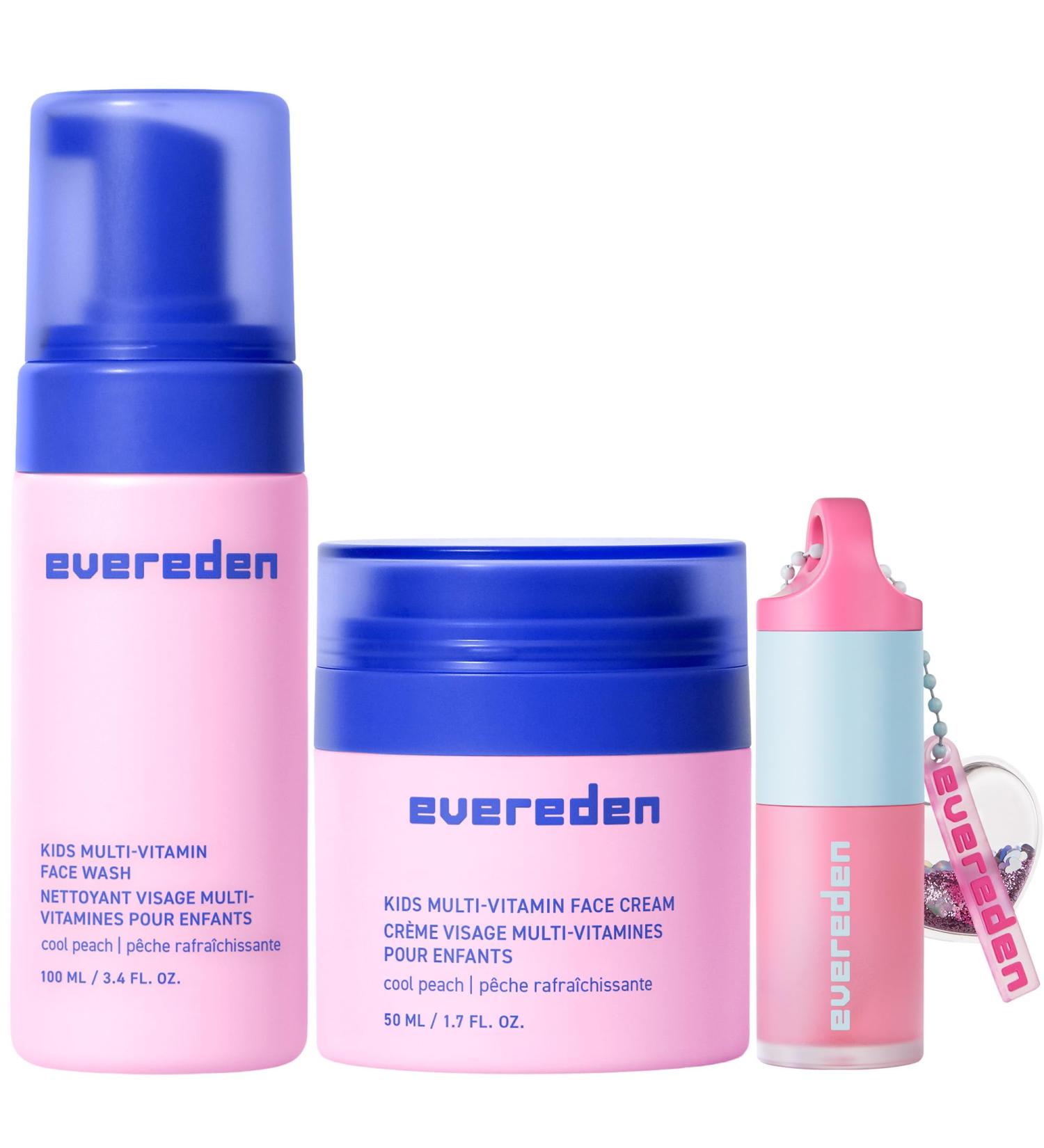 Evereden Happy Kids Skin & Lips Routine - Multi-Vitamin Face Wash & Face Cream Peach & Tinted Lip Oil Sakura Pink Set - Clean & Vegan Skin Care for Kids 3+ - Moisturizing Nourishing & Protective Peach / Pink - Buy Online on GoSupps.com