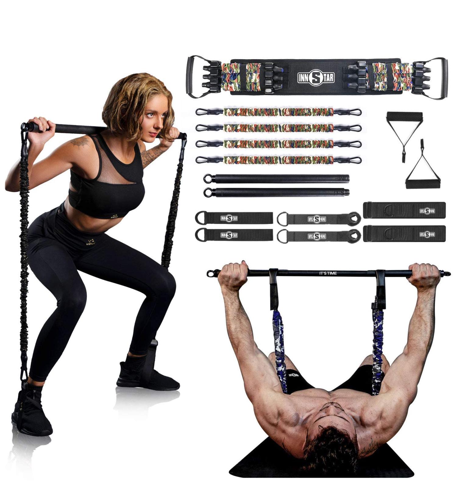 INNSTAR Resistance Bands Bar - 38" Black Max Load 800lbs for Home Gym & Full Body Workout | Power Lifting Fitness Attachment - Camo Green - Buy Online on GoSupps.com