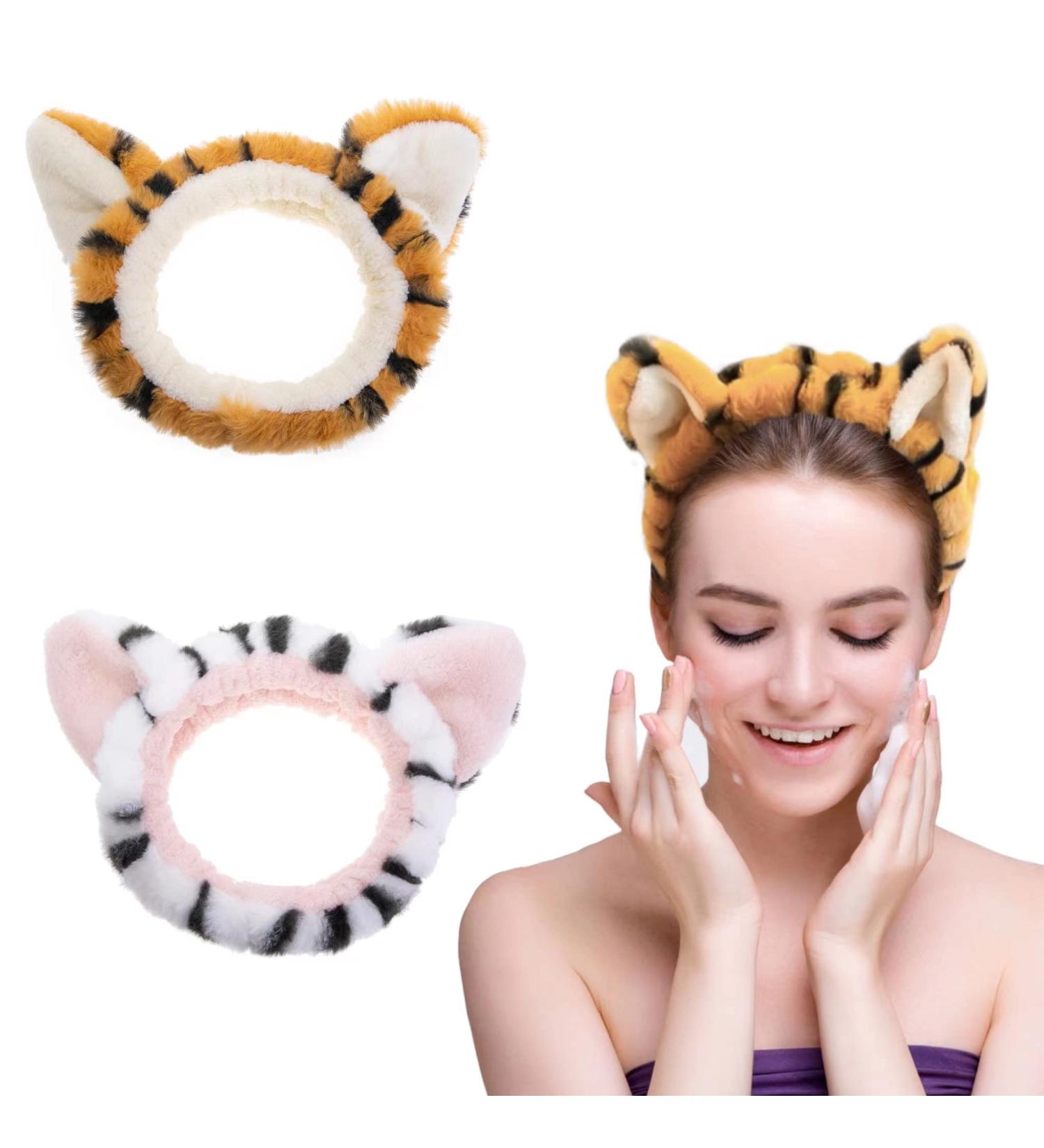 OSOPLAY Tiger Print Fuzzy Hairband Set - 2 PCS Women's Animal Ear Elastic Headband for Skincare and Spa - Buy Online on GoSupps.com
