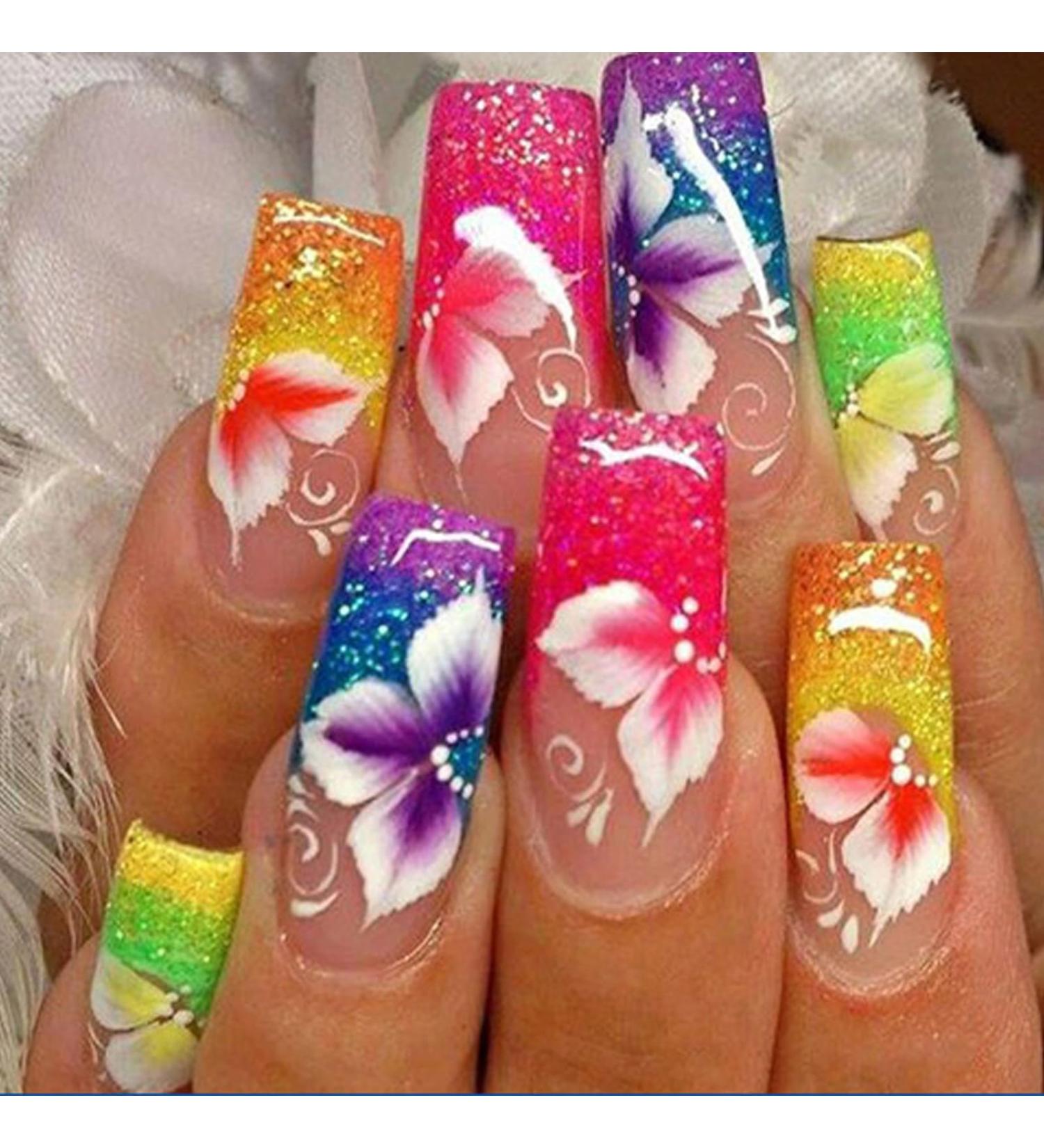 Shop Flower Press on Nails - Long Coffin Shape Medium Length Colored French Tips Light Floral Design Purple Acrylic Glue-on Nails 24 Pcs - Stylish & Durable False Nails for Women - Buy Online on GoSupps.com