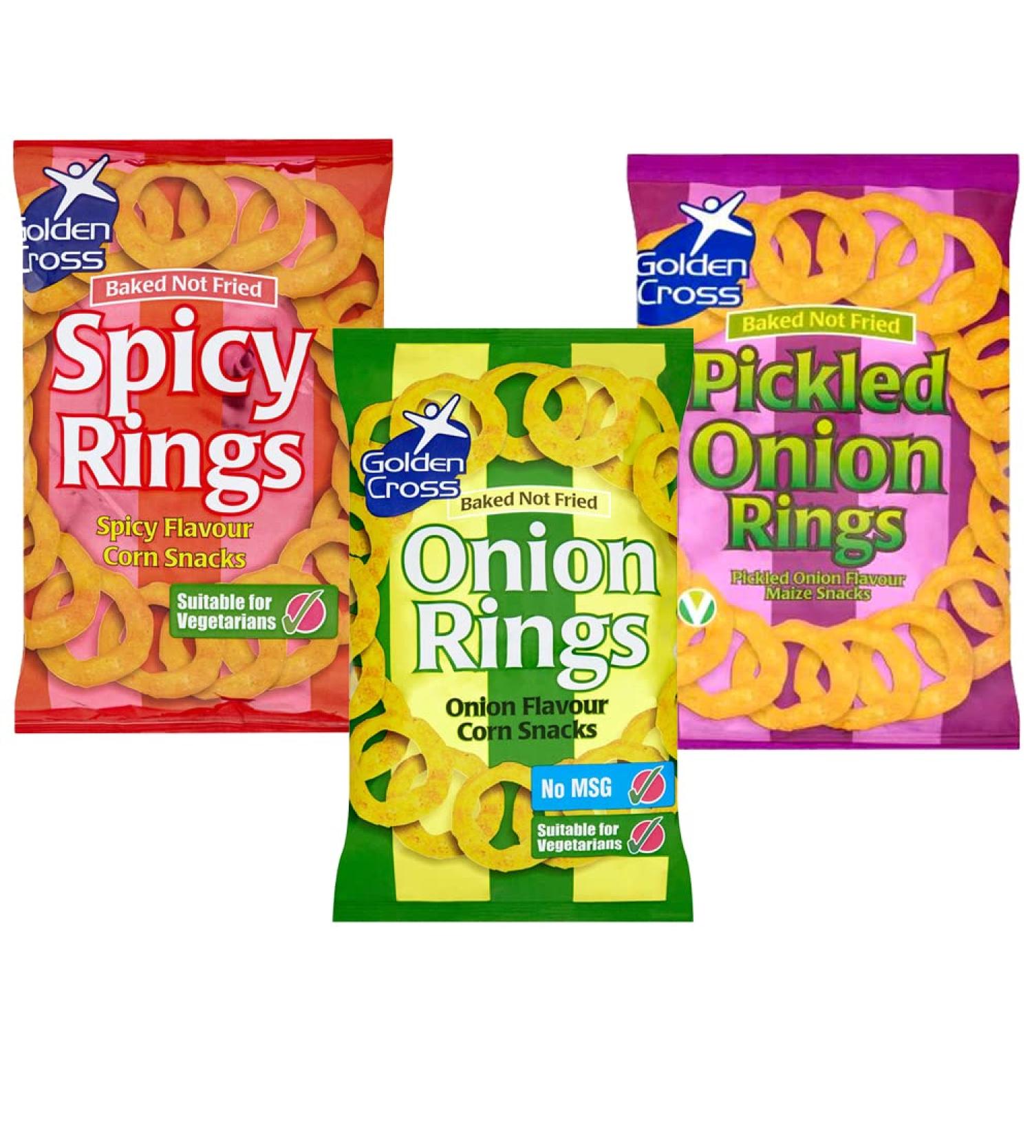 Spicy Rings Onion Rings Pickled Onion Rings Crispy Chips Bags - 3 x Mixed Chips Bags 150g - Buy Online on GoSupps.com