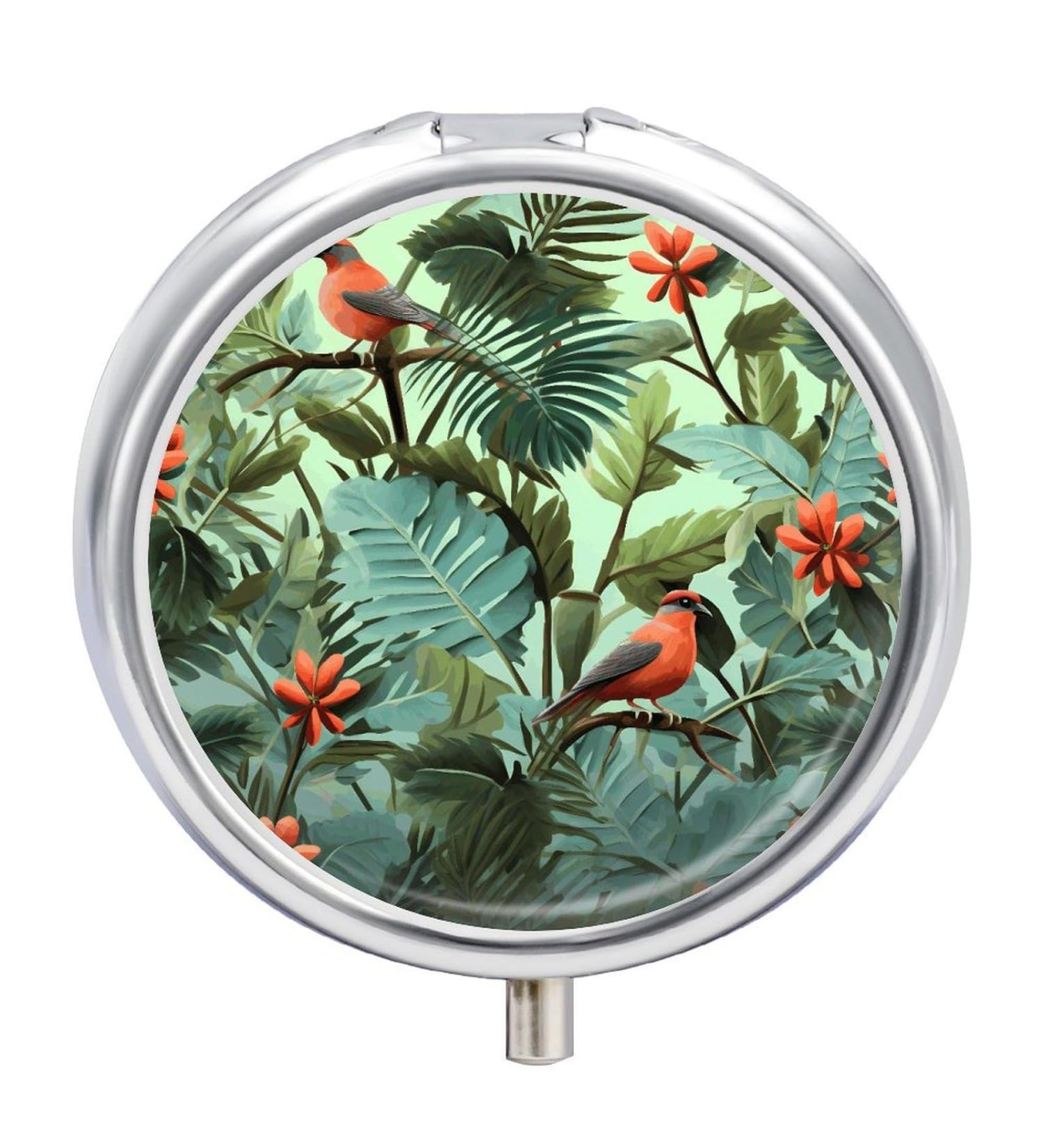 Round Pill Box with Tropical Plants Print | 3 Compartment Decorative Metal Pill Organizer | Portable Pocket Medicine Case - Style-39 - Buy Online on GoSupps.com