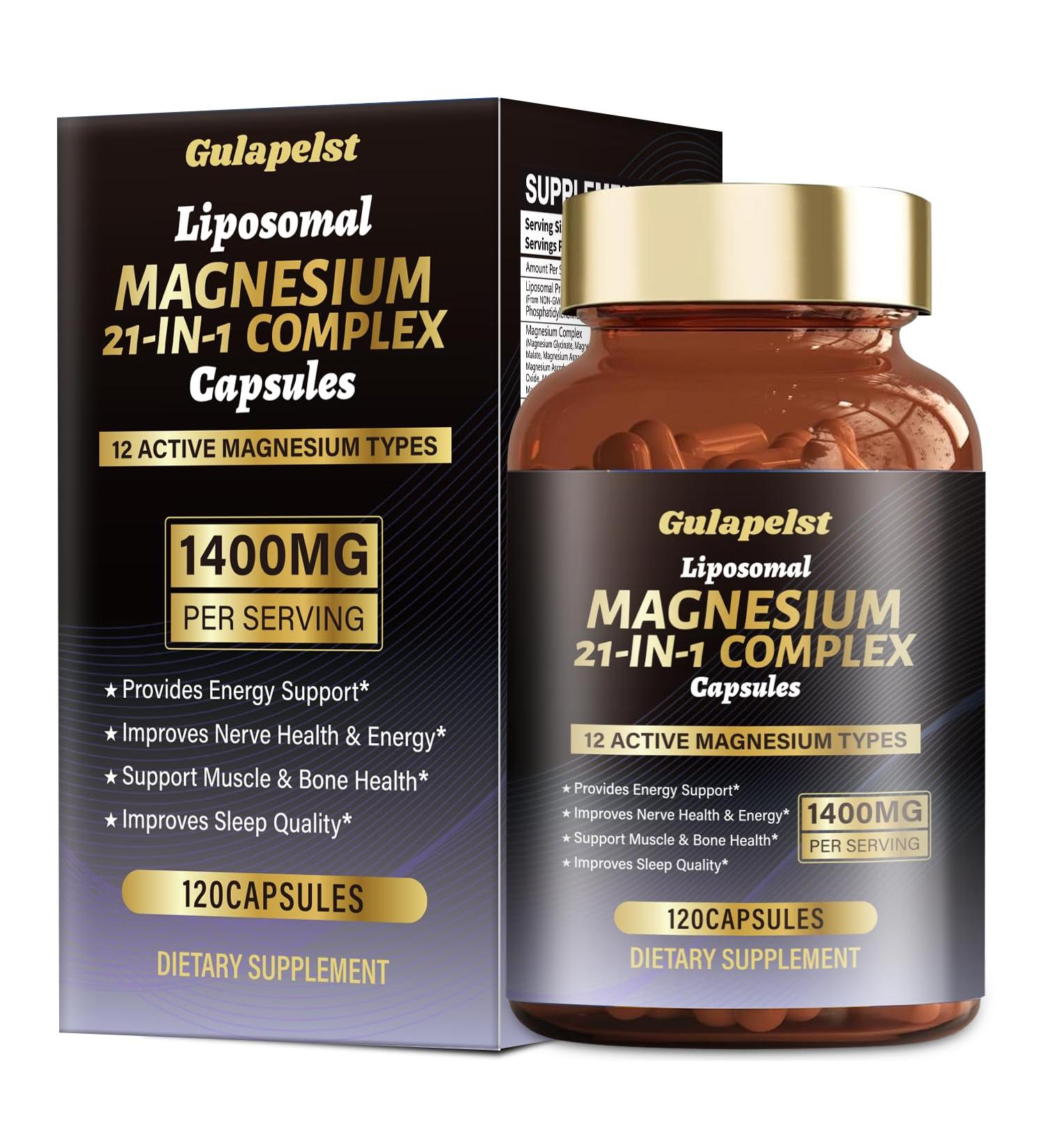 21 in 1 Liposomal 1400mg Magnesium Complex (Citrate Glycinate Malate etc) Capsule - 12 Active Types Magnesium with Vitamin D3 B6 B12 C Ashwagandha & CoQ10 for Women & Men - Support Bone & Muscle 120 Count (Pack of 1) - Buy Online on GoSupps.com