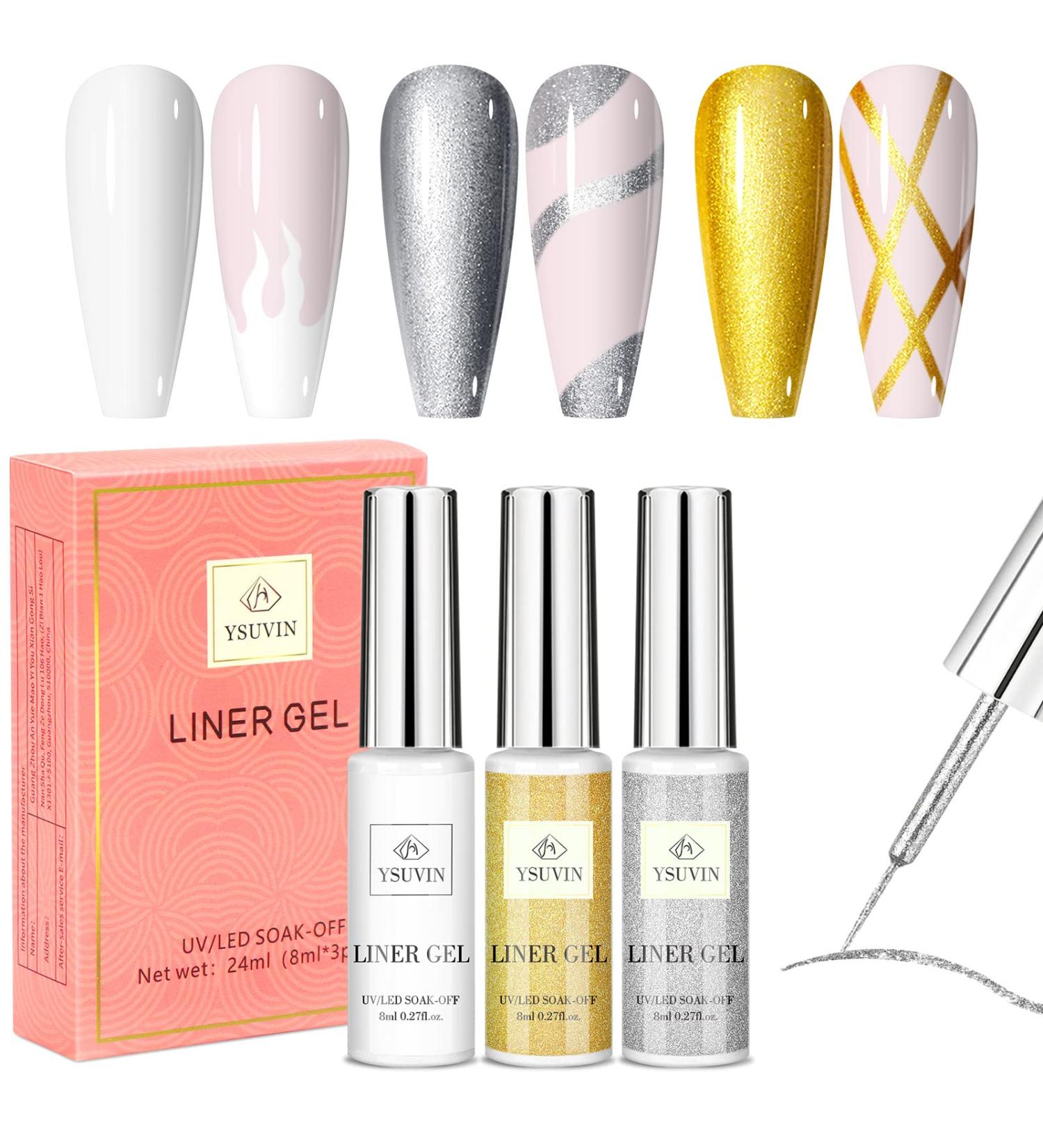 Yueshop Art Liner Gel Nail Polishes Set Painting Soak Off Gel Nail Varnish Set 3x 8 ml Gel Nail Polish Gold Silver White Collection Drawing UV LED Gel Liner Polish Pen Tool For Manicure Art Salon Gold White Silver - Buy Online on GoSupps.com