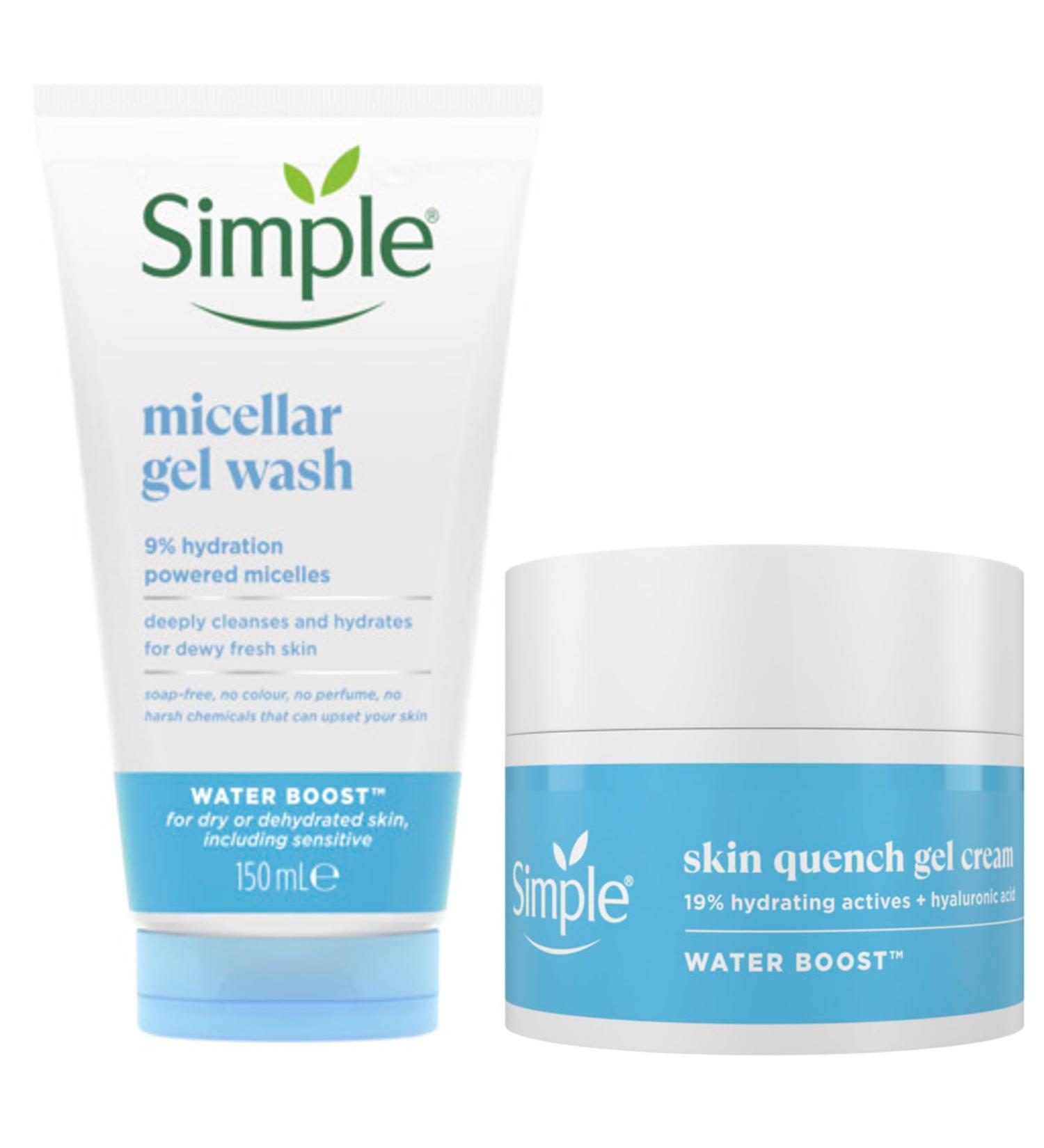 Simple Water Boost Micellar 100% Soap-Free Face Cleanser 150 ml & Simple Water Boost Skin Quench Gel Face Cream for dry skin 50 ml - Buy Online on GoSupps.com